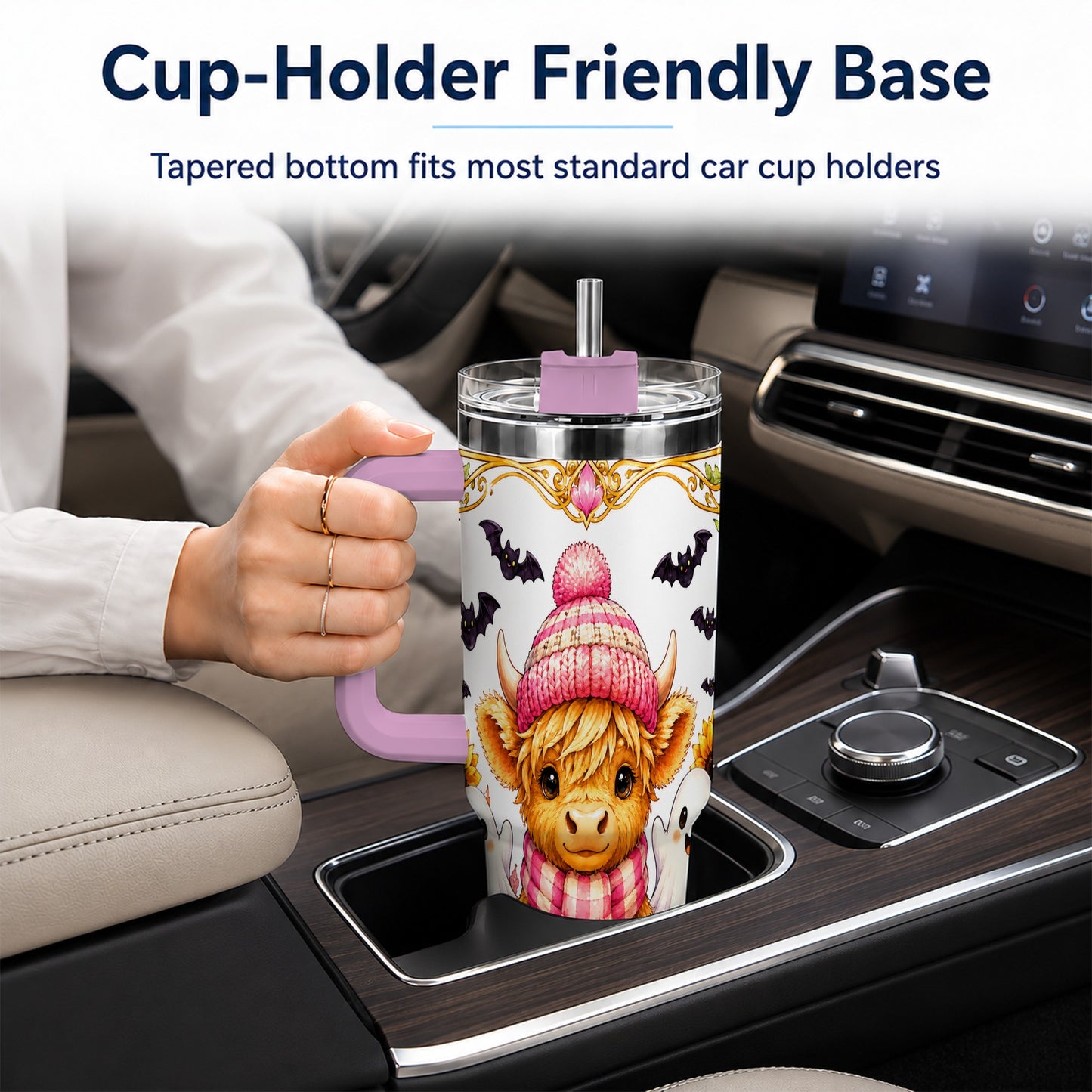 #pl[40oz|Pink] Cute Highland Cow Ghost 40oz Tumbler with Handle, Pink Pumpkin Travel Cup