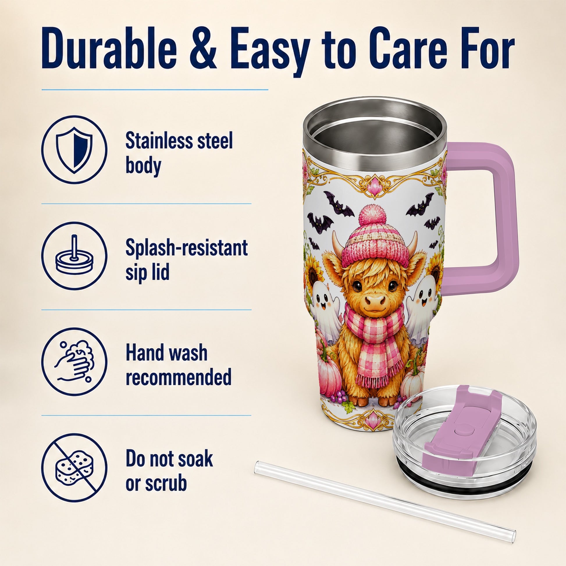 #pl[40oz|Pink] Cute Highland Cow Ghost 40oz Tumbler with Handle, Pink Pumpkin Travel Cup