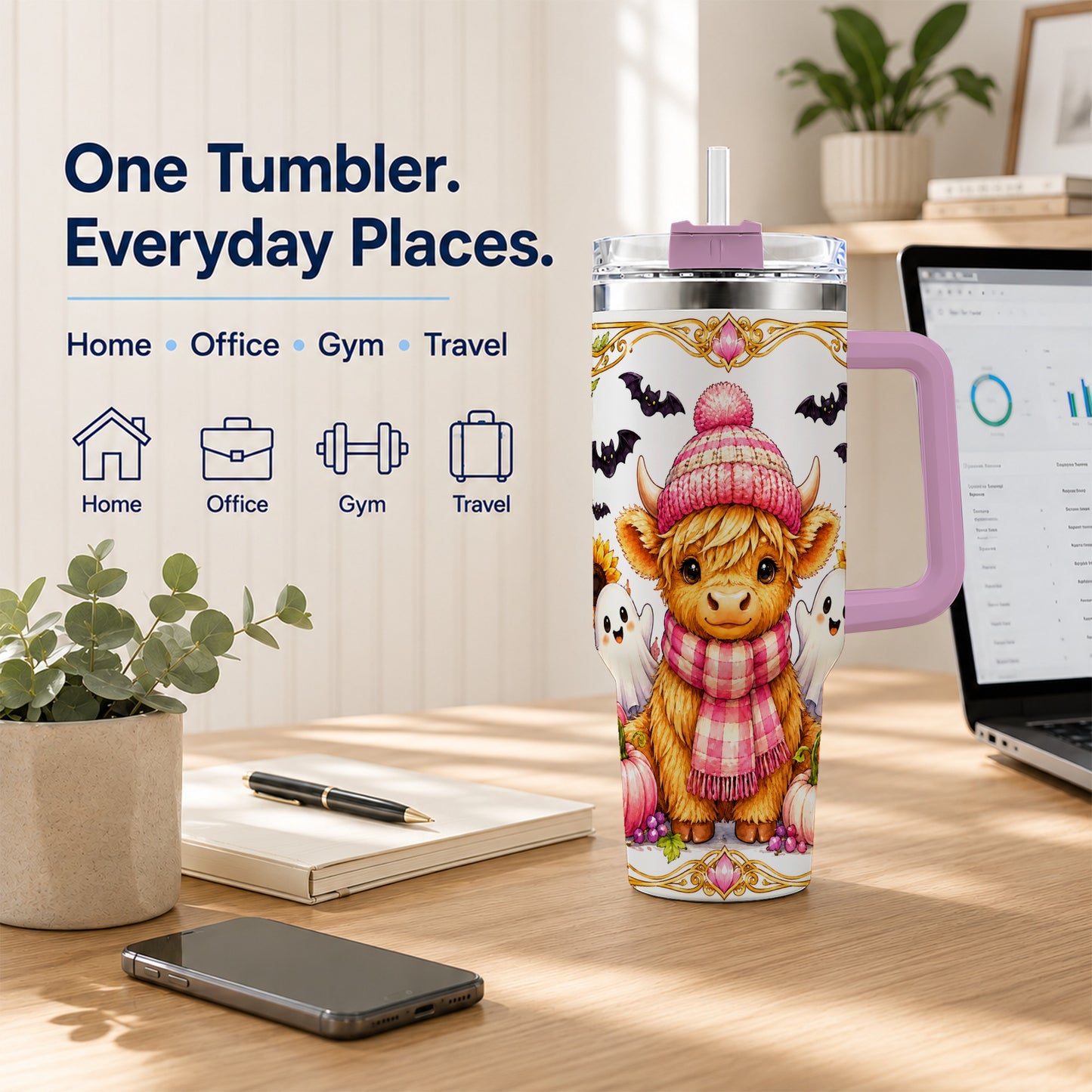 #pl[40oz|Pink] Cute Highland Cow Ghost 40oz Tumbler with Handle, Pink Pumpkin Travel Cup