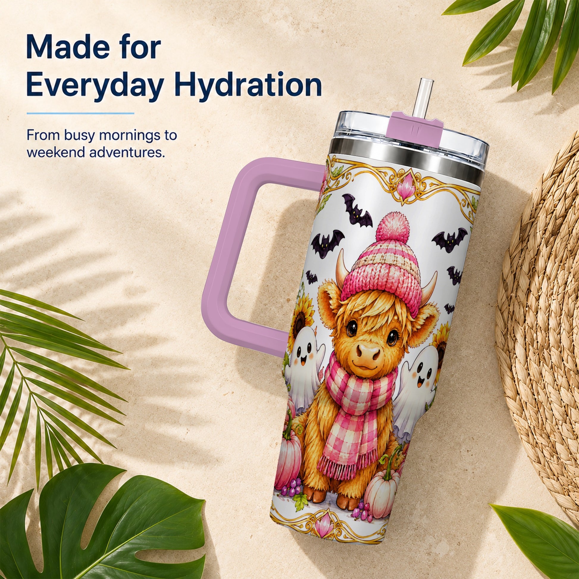 #pl[40oz|Pink] Cute Highland Cow Ghost 40oz Tumbler with Handle, Pink Pumpkin Travel Cup