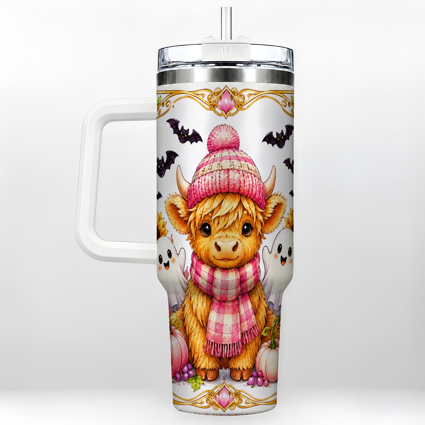 #pl[40oz|White] Cute Highland Cow Ghost 40oz Tumbler with Handle, Pink Pumpkin Travel Cup