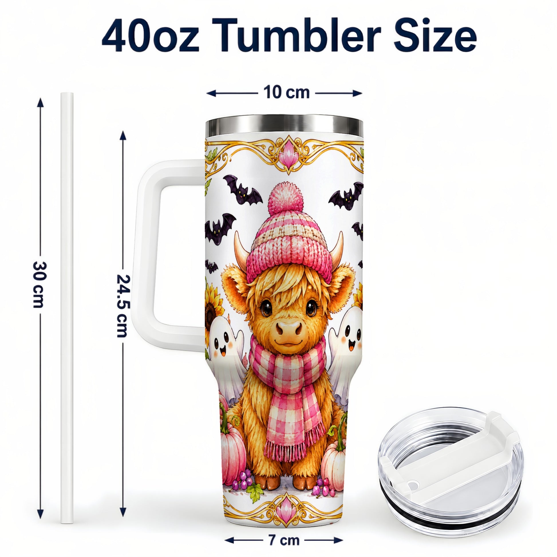 #pl[40oz|White] Cute Highland Cow Ghost 40oz Tumbler with Handle, Pink Pumpkin Travel Cup