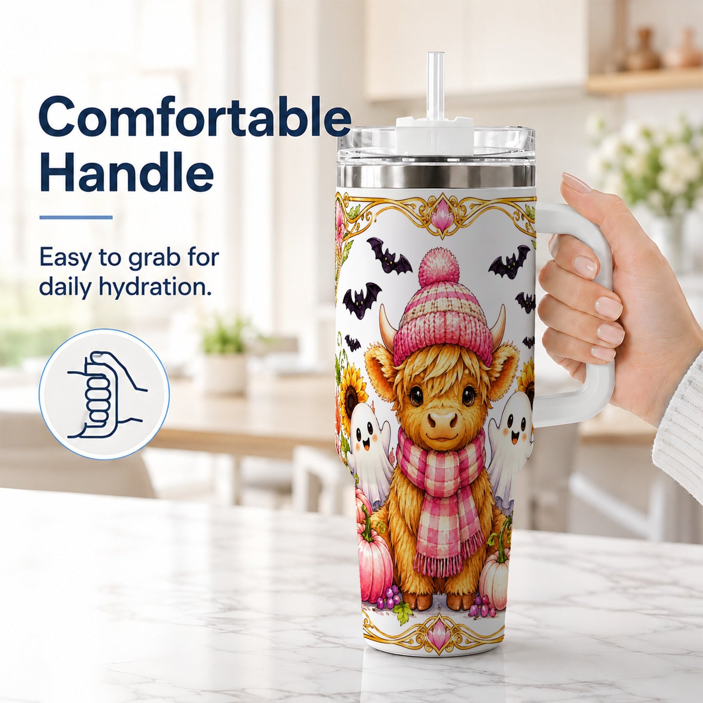 #pl[40oz|White] Cute Highland Cow Ghost 40oz Tumbler with Handle, Pink Pumpkin Travel Cup