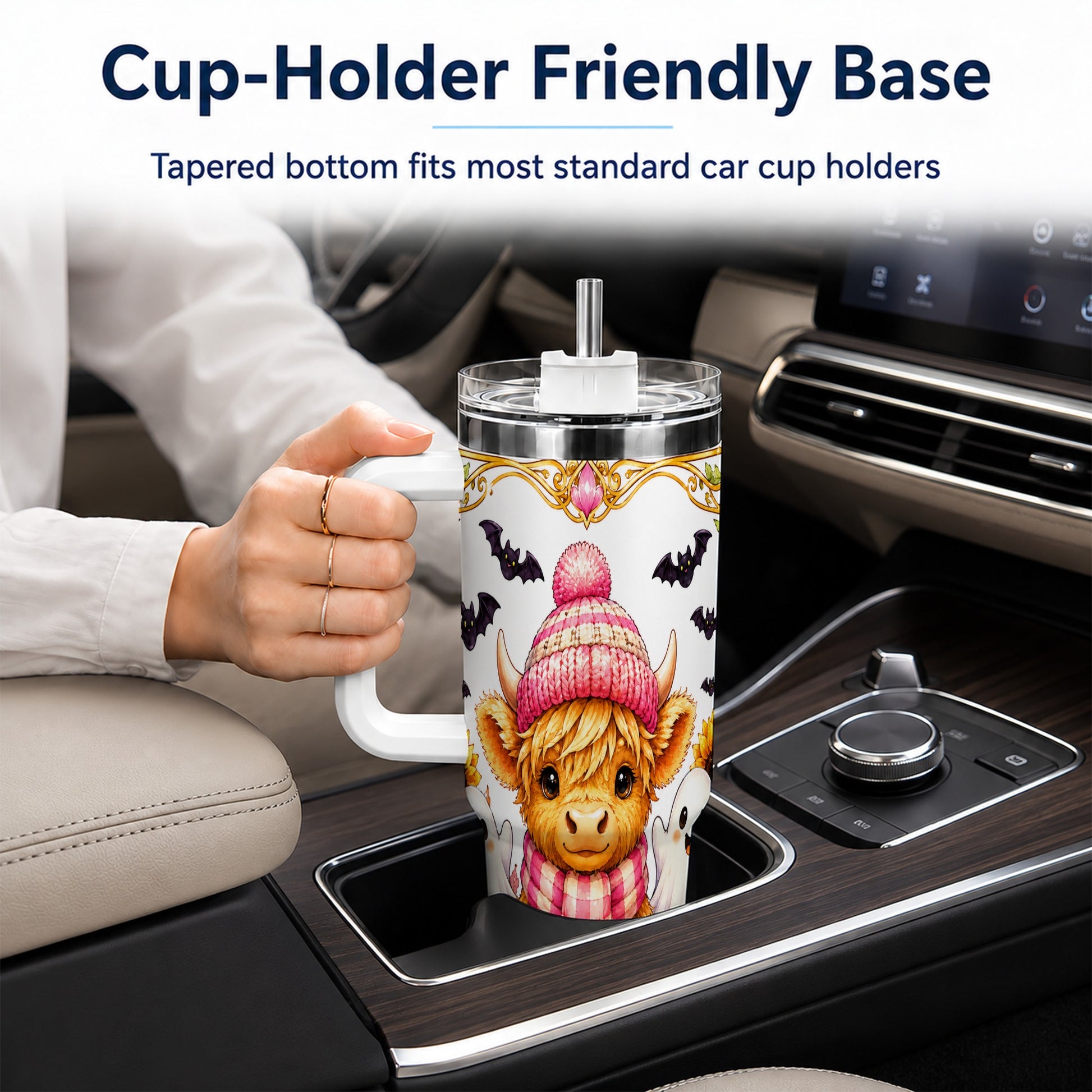 #pl[40oz|White] Cute Highland Cow Ghost 40oz Tumbler with Handle, Pink Pumpkin Travel Cup