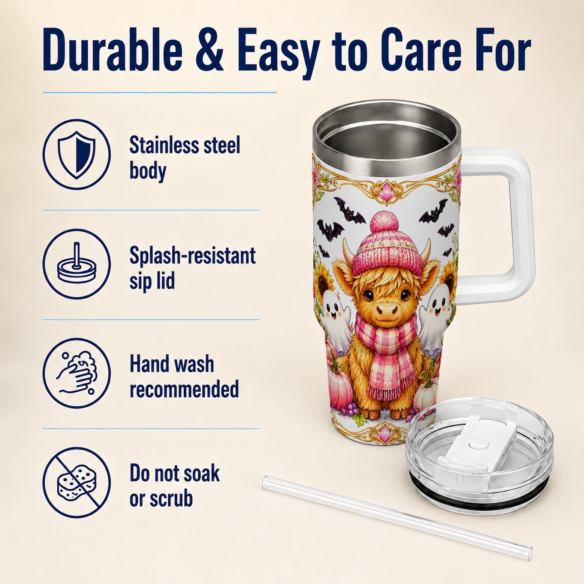 #pl[40oz|White] Cute Highland Cow Ghost 40oz Tumbler with Handle, Pink Pumpkin Travel Cup