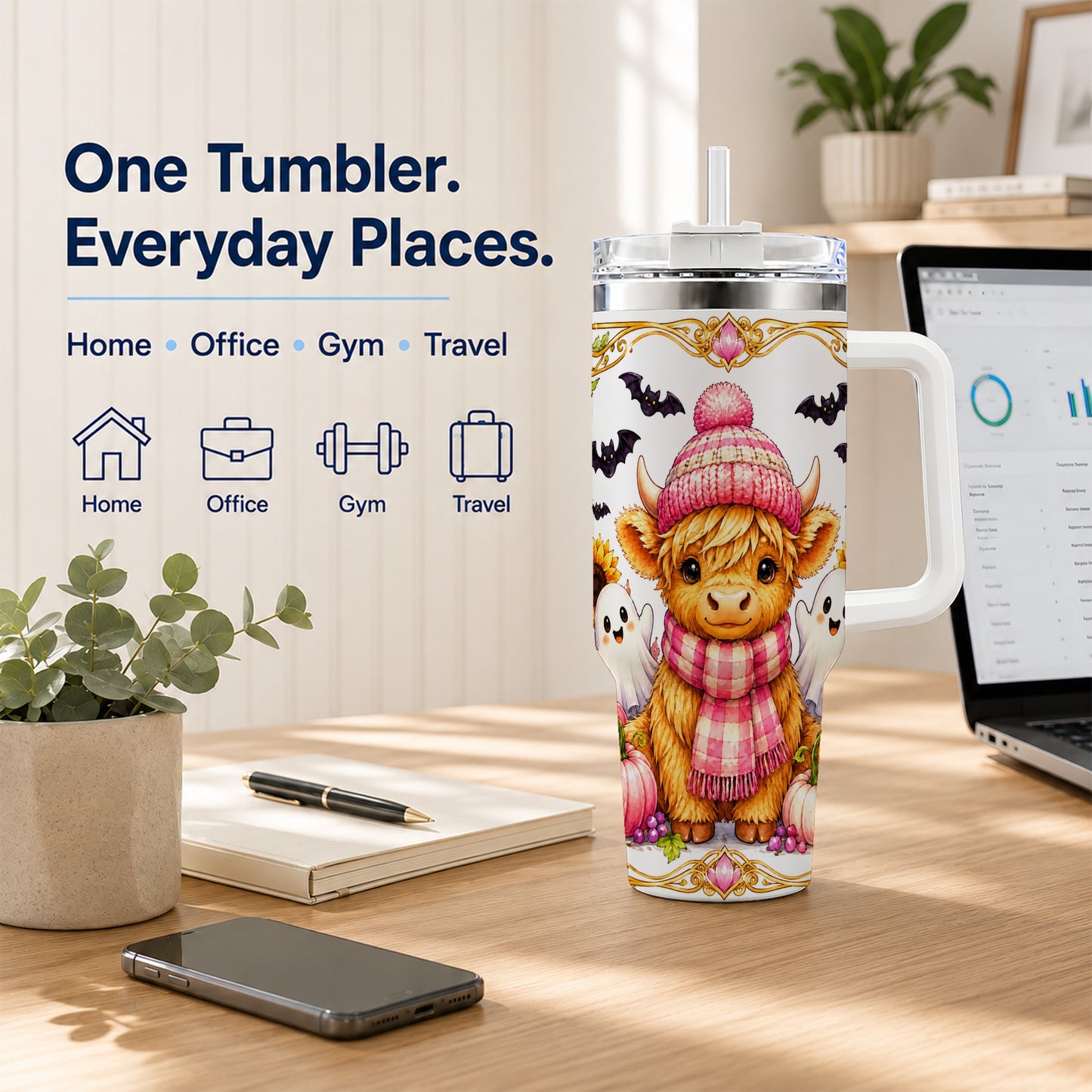 #pl[40oz|White] Cute Highland Cow Ghost 40oz Tumbler with Handle, Pink Pumpkin Travel Cup