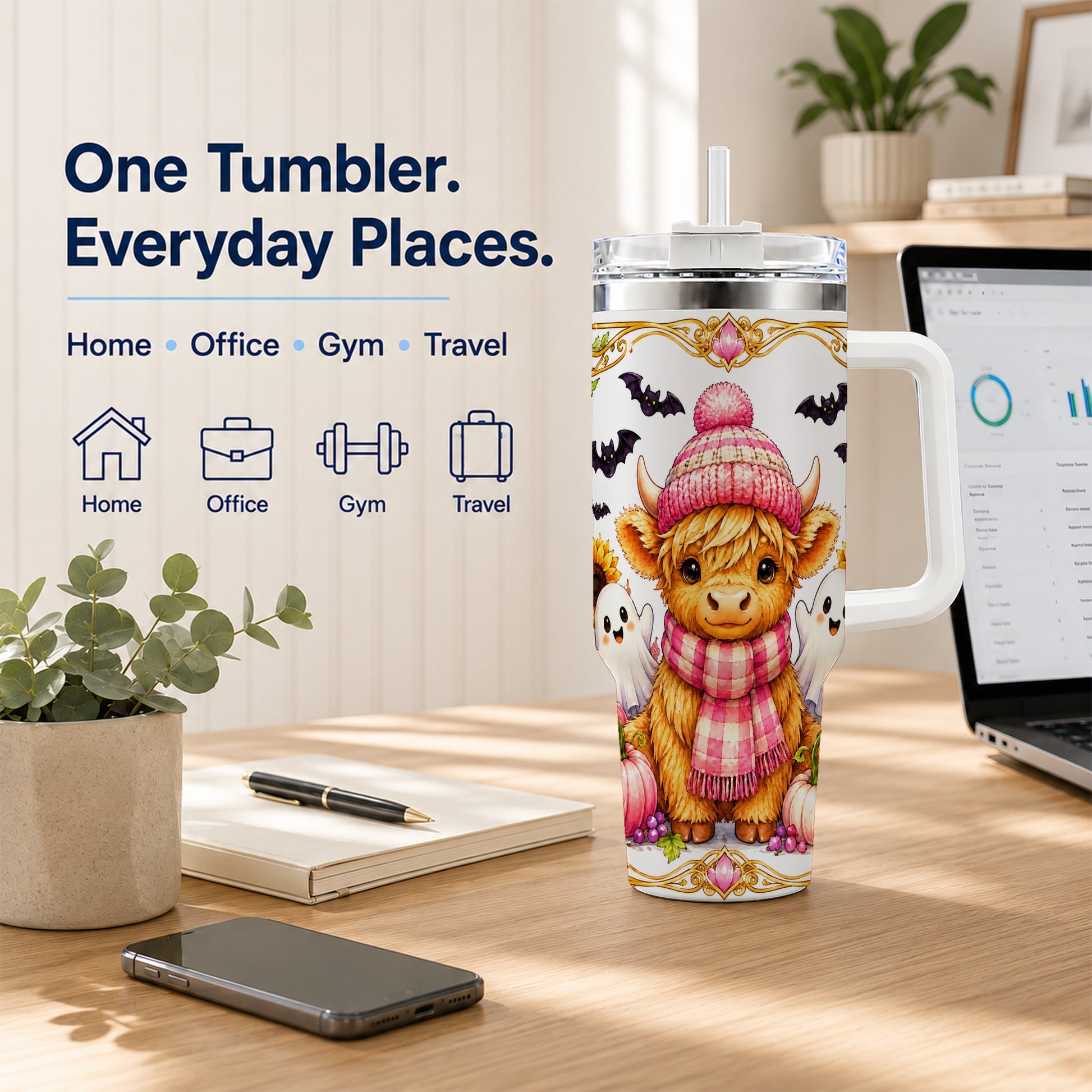 #pl[40oz|White] Cute Highland Cow Ghost 40oz Tumbler with Handle, Pink Pumpkin Travel Cup
