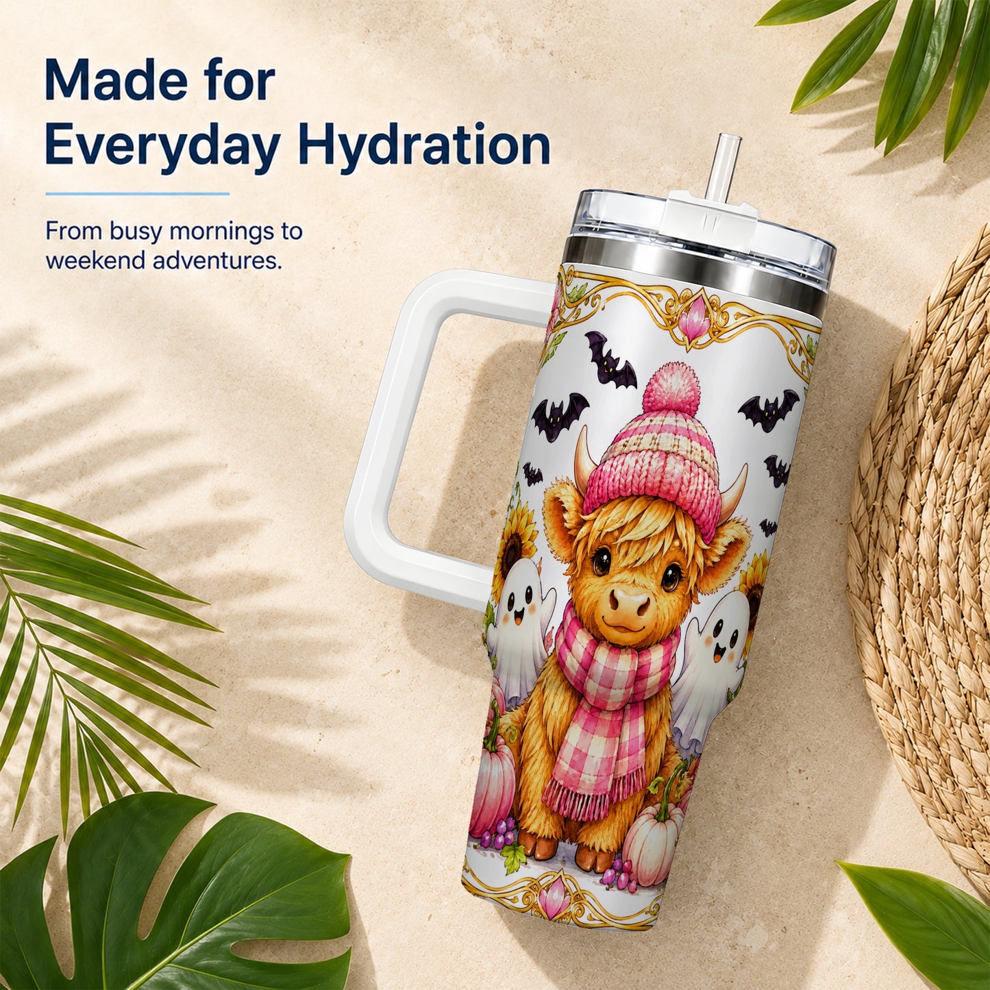 #pl[40oz|White] Cute Highland Cow Ghost 40oz Tumbler with Handle, Pink Pumpkin Travel Cup