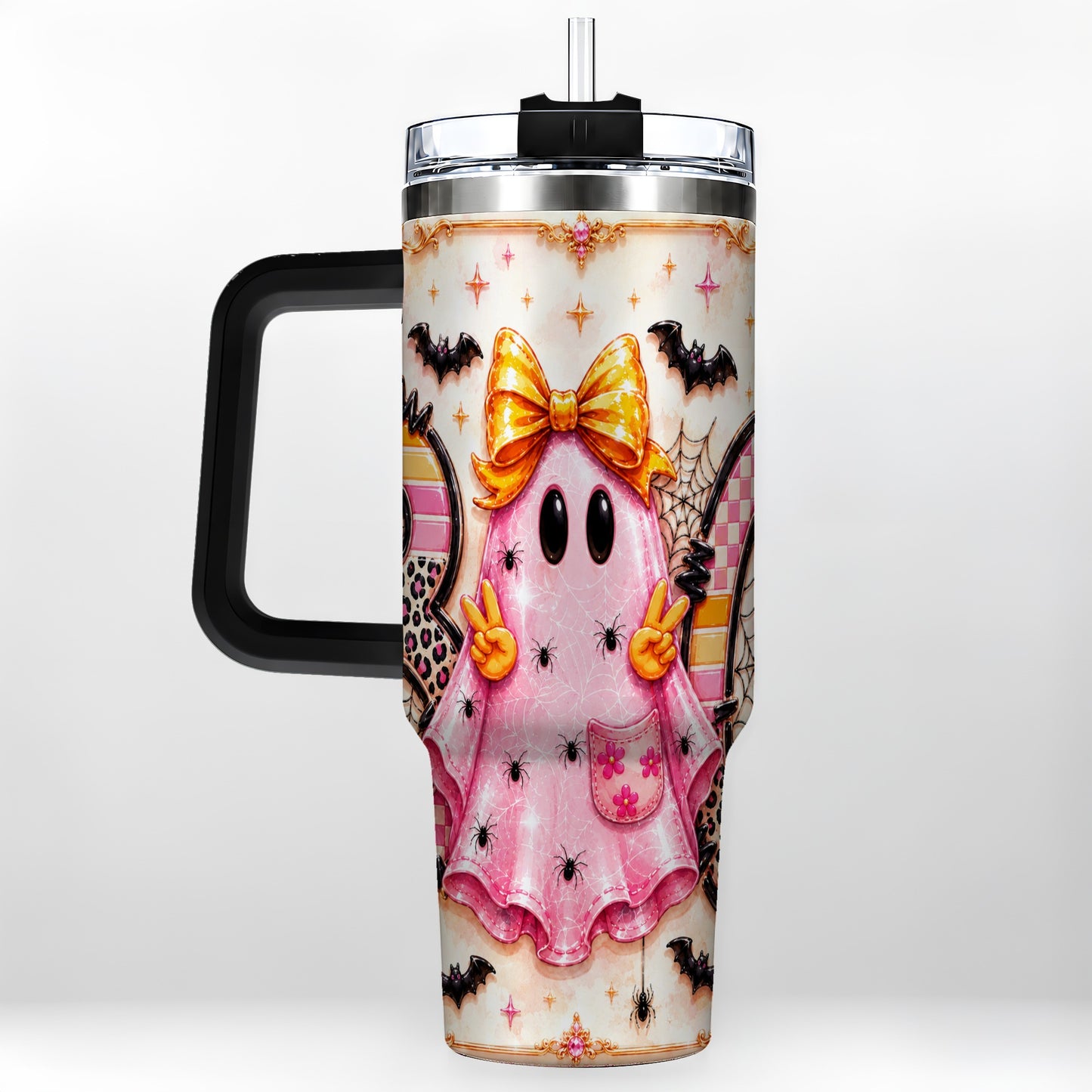 #pl[40oz|Black] Pink Ghost 40oz Tumbler with Handle, Halloween Stainless Steel Travel Cup