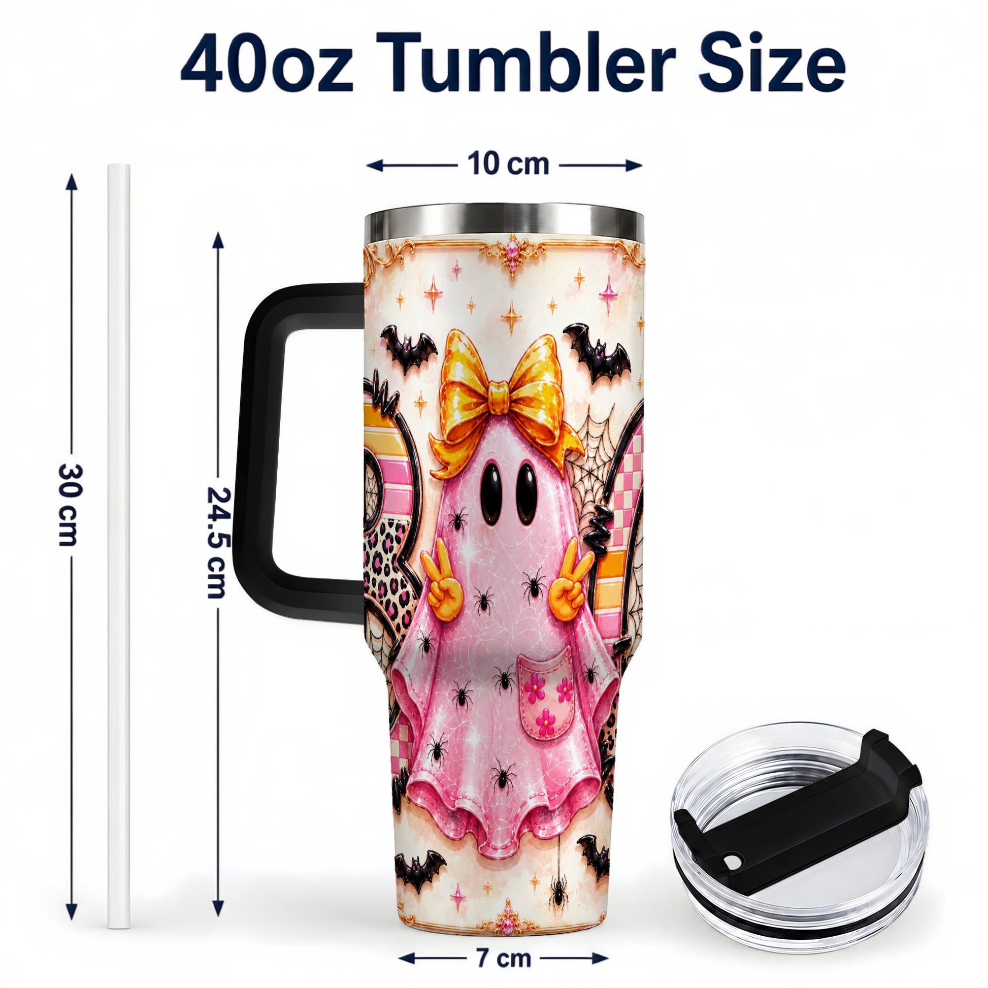 #pl[40oz|Black] Pink Ghost 40oz Tumbler with Handle, Halloween Stainless Steel Travel Cup