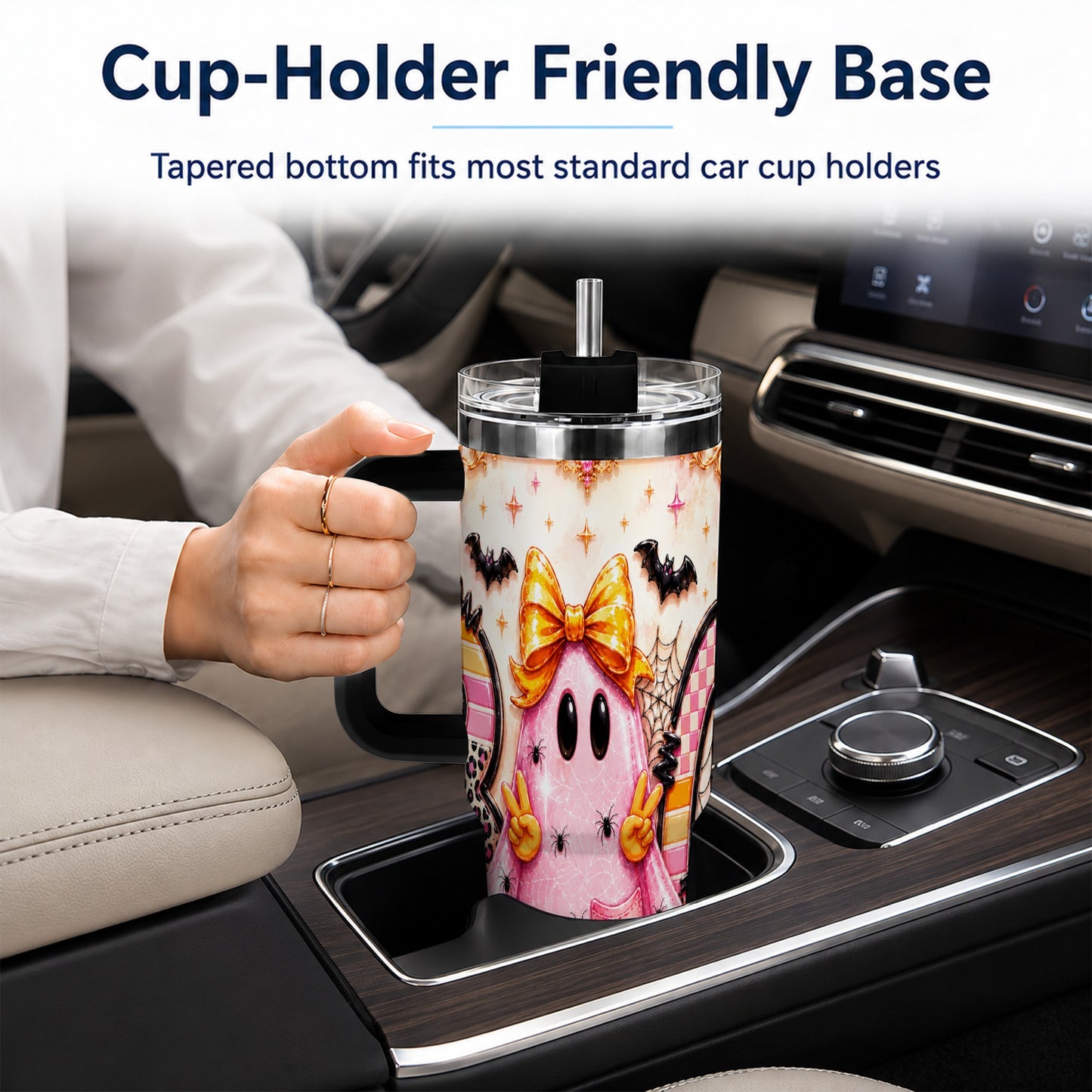 #pl[40oz|Black] Pink Ghost 40oz Tumbler with Handle, Halloween Stainless Steel Travel Cup