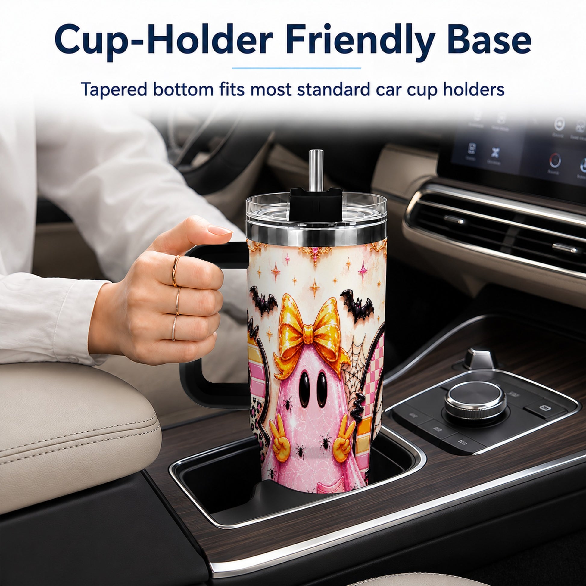 #pl[40oz|Black] Pink Ghost 40oz Tumbler with Handle, Halloween Stainless Steel Travel Cup