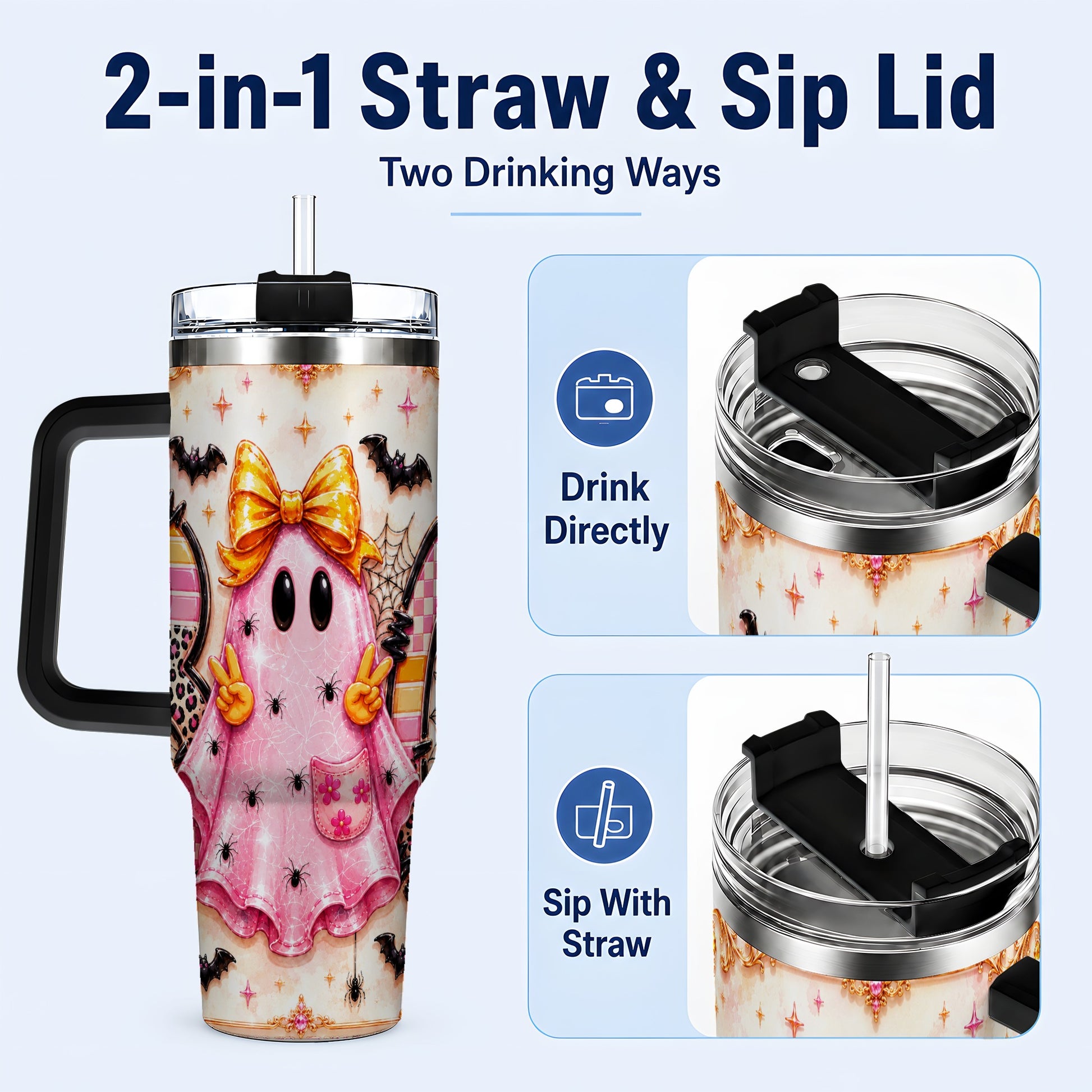 #pl[40oz|Black] Pink Ghost 40oz Tumbler with Handle, Halloween Stainless Steel Travel Cup
