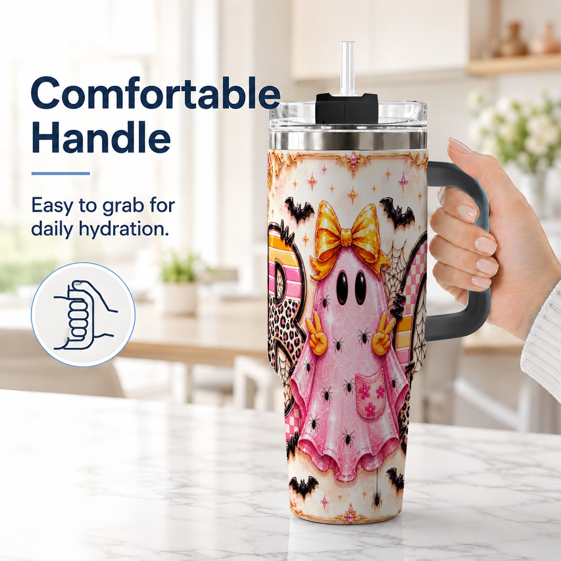 #pl[40oz|Black] Pink Ghost 40oz Tumbler with Handle, Halloween Stainless Steel Travel Cup