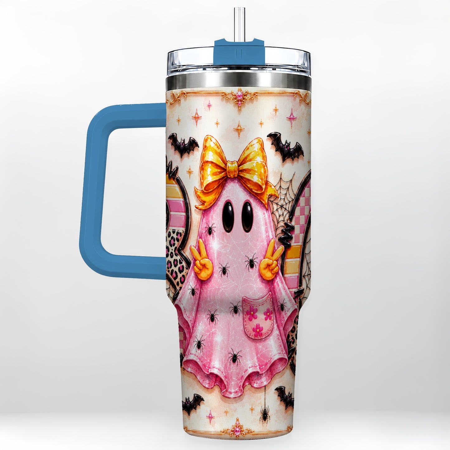 #pl[40oz|Blue] Pink Ghost 40oz Tumbler with Handle, Halloween Stainless Steel Travel Cup