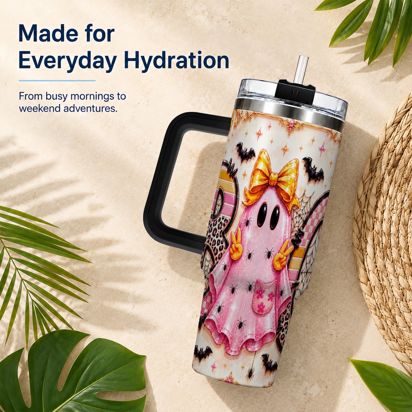 #pl[40oz|Black] Pink Ghost 40oz Tumbler with Handle, Halloween Stainless Steel Travel Cup