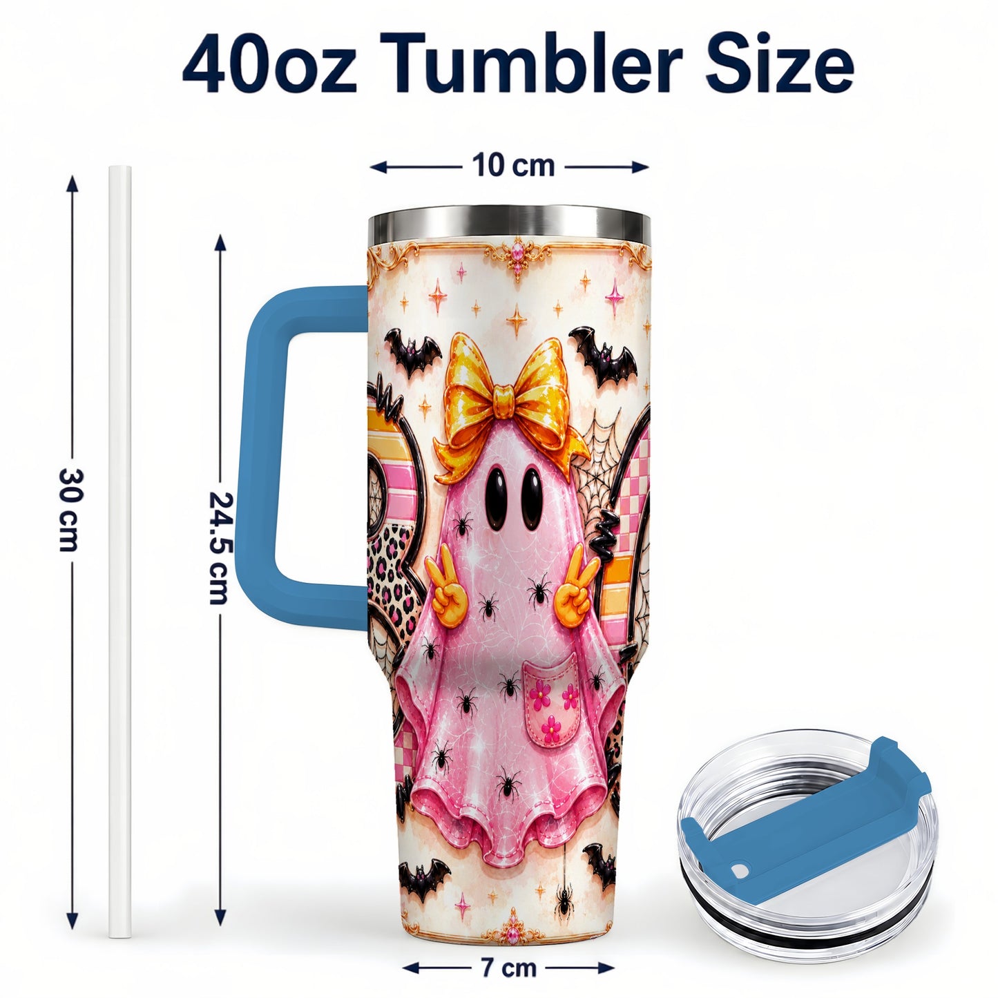 #pl[40oz|Blue] Pink Ghost 40oz Tumbler with Handle, Halloween Stainless Steel Travel Cup