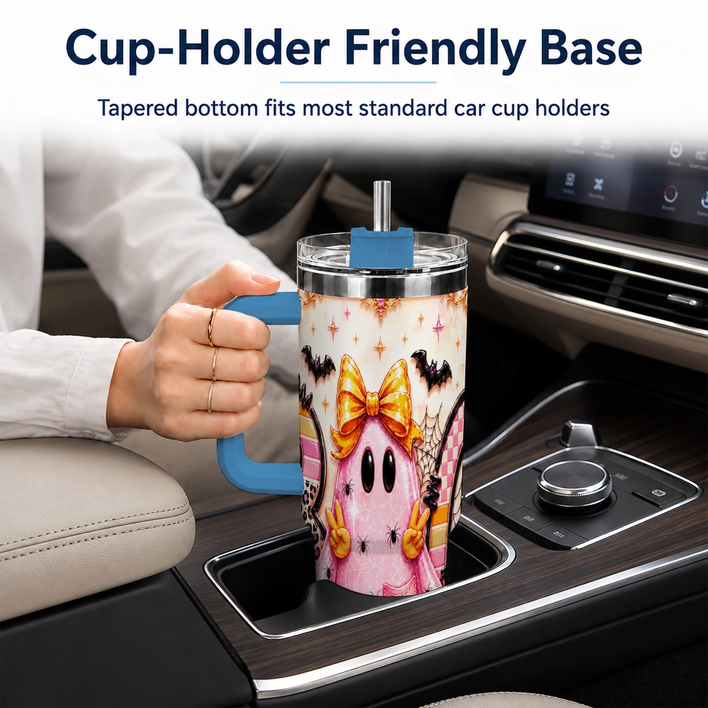 #pl[40oz|Blue] Pink Ghost 40oz Tumbler with Handle, Halloween Stainless Steel Travel Cup