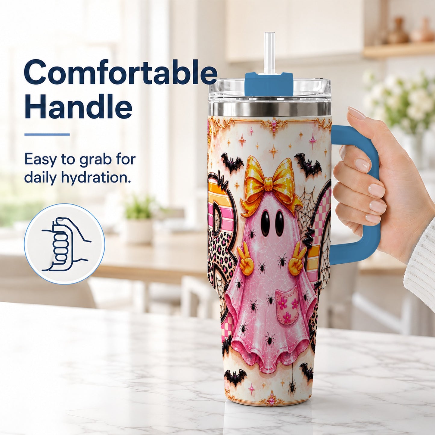 #pl[40oz|Blue] Pink Ghost 40oz Tumbler with Handle, Halloween Stainless Steel Travel Cup