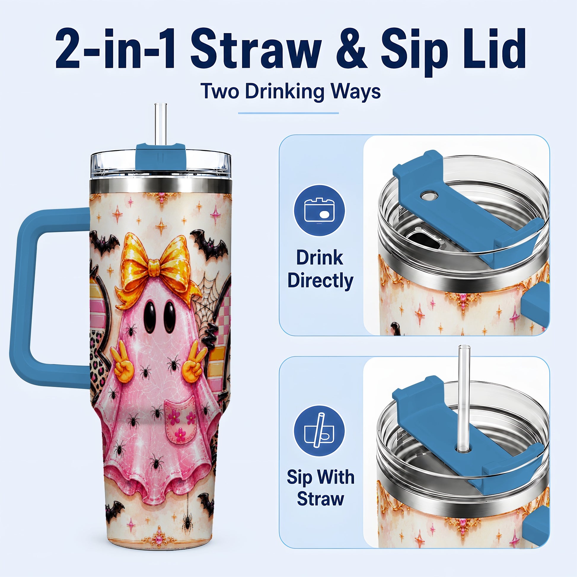 #pl[40oz|Blue] Pink Ghost 40oz Tumbler with Handle, Halloween Stainless Steel Travel Cup