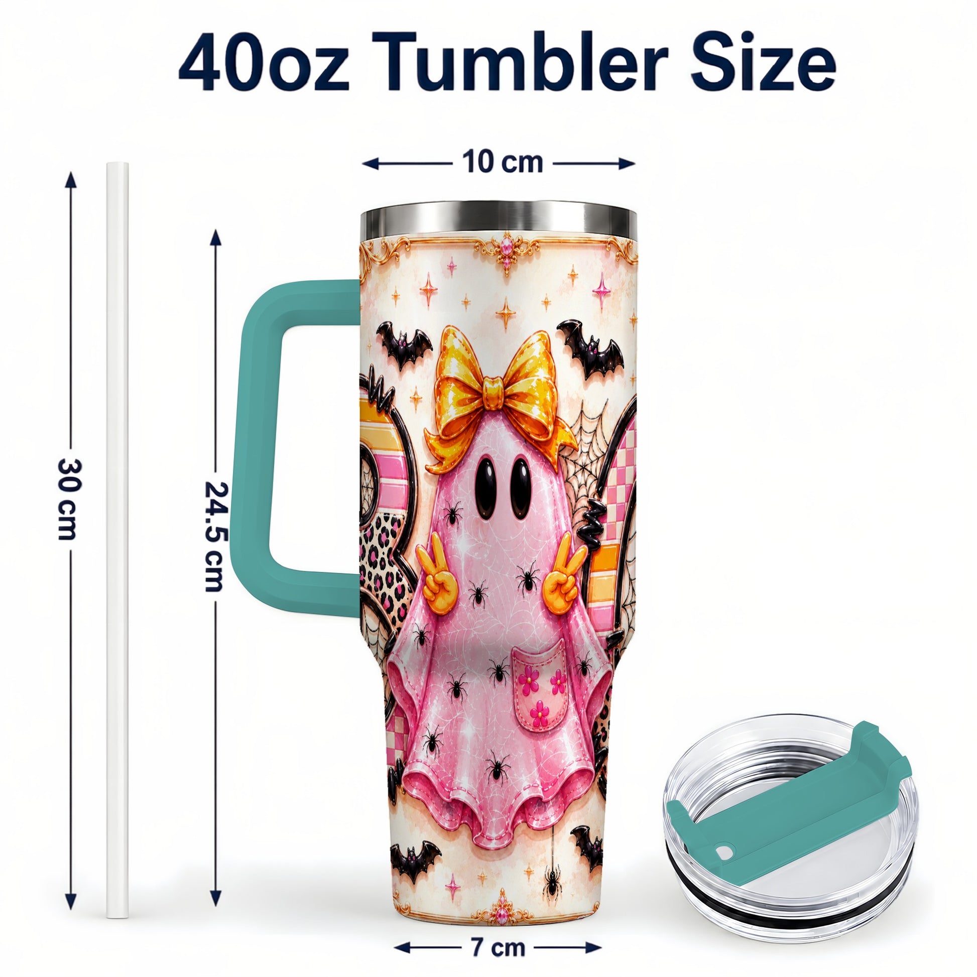#pl[40oz|Green] Pink Ghost 40oz Tumbler with Handle, Halloween Stainless Steel Travel Cup