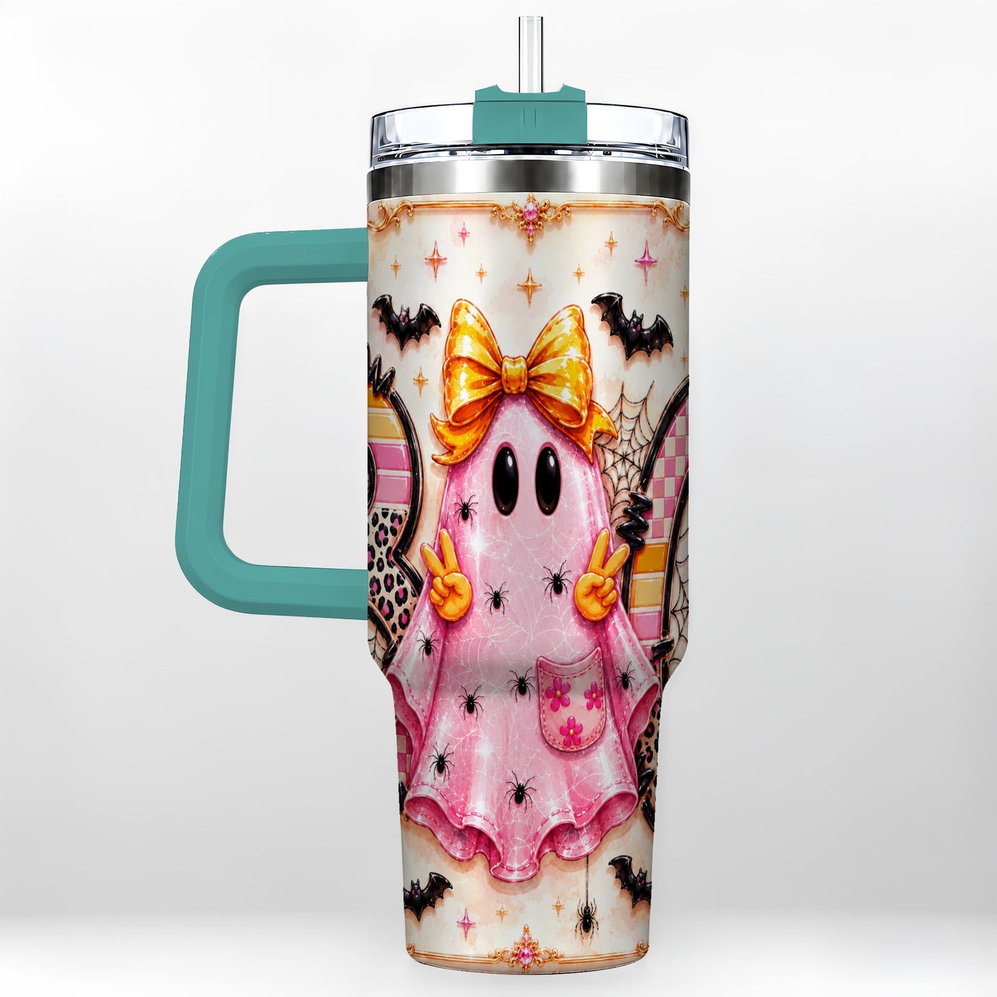 #pl[40oz|Green] Pink Ghost 40oz Tumbler with Handle, Halloween Stainless Steel Travel Cup