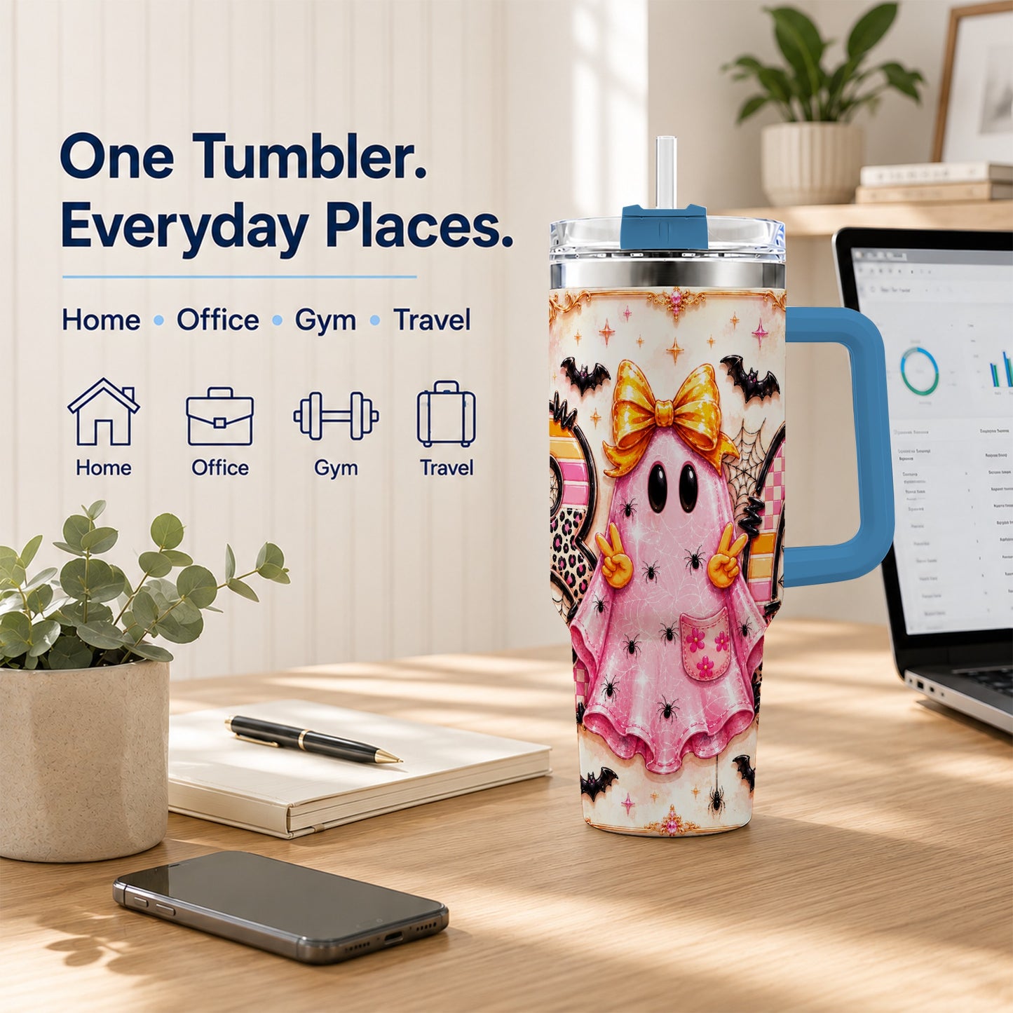 #pl[40oz|Blue] Pink Ghost 40oz Tumbler with Handle, Halloween Stainless Steel Travel Cup