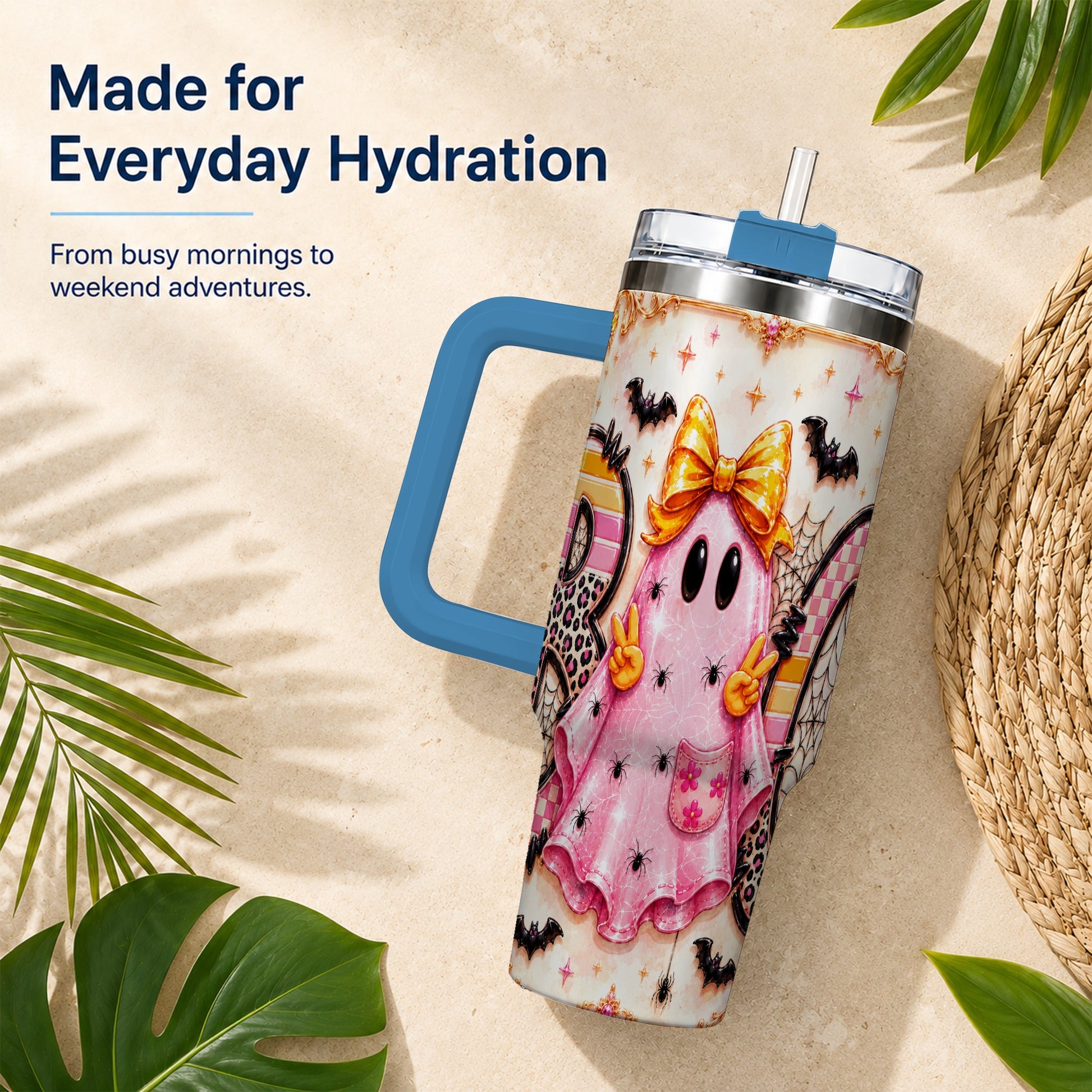 #pl[40oz|Blue] Pink Ghost 40oz Tumbler with Handle, Halloween Stainless Steel Travel Cup