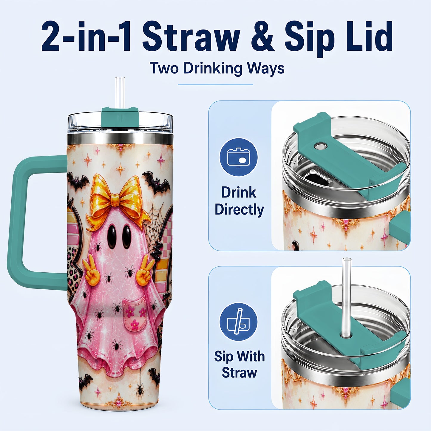#pl[40oz|Green] Pink Ghost 40oz Tumbler with Handle, Halloween Stainless Steel Travel Cup