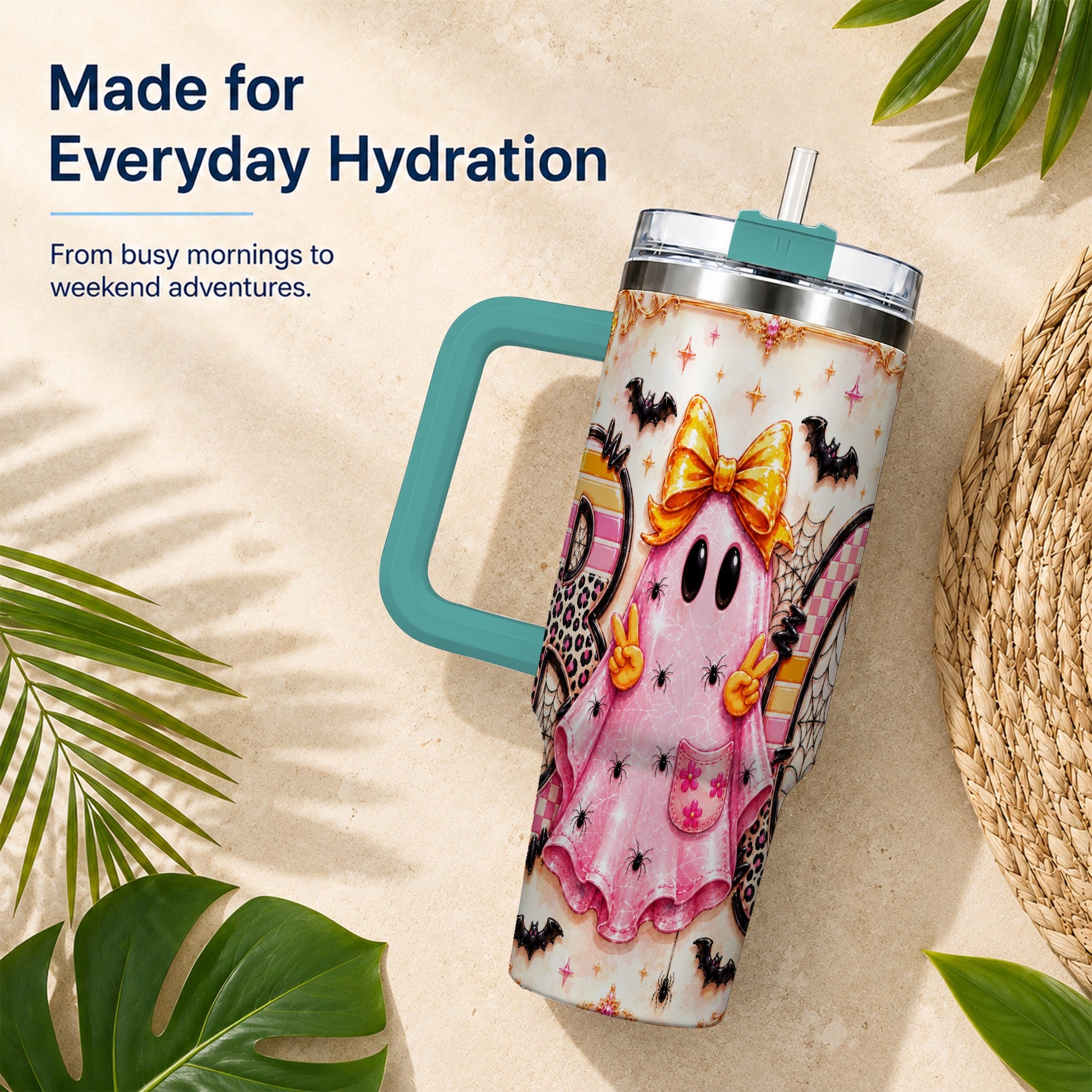 #pl[40oz|Green] Pink Ghost 40oz Tumbler with Handle, Halloween Stainless Steel Travel Cup