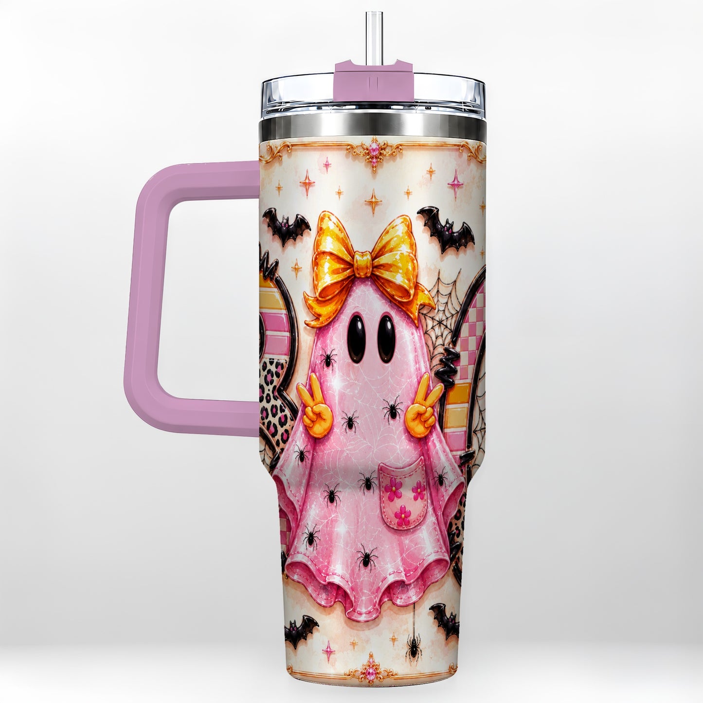#pl[40oz|Pink] Pink Ghost 40oz Tumbler with Handle, Halloween Stainless Steel Travel Cup