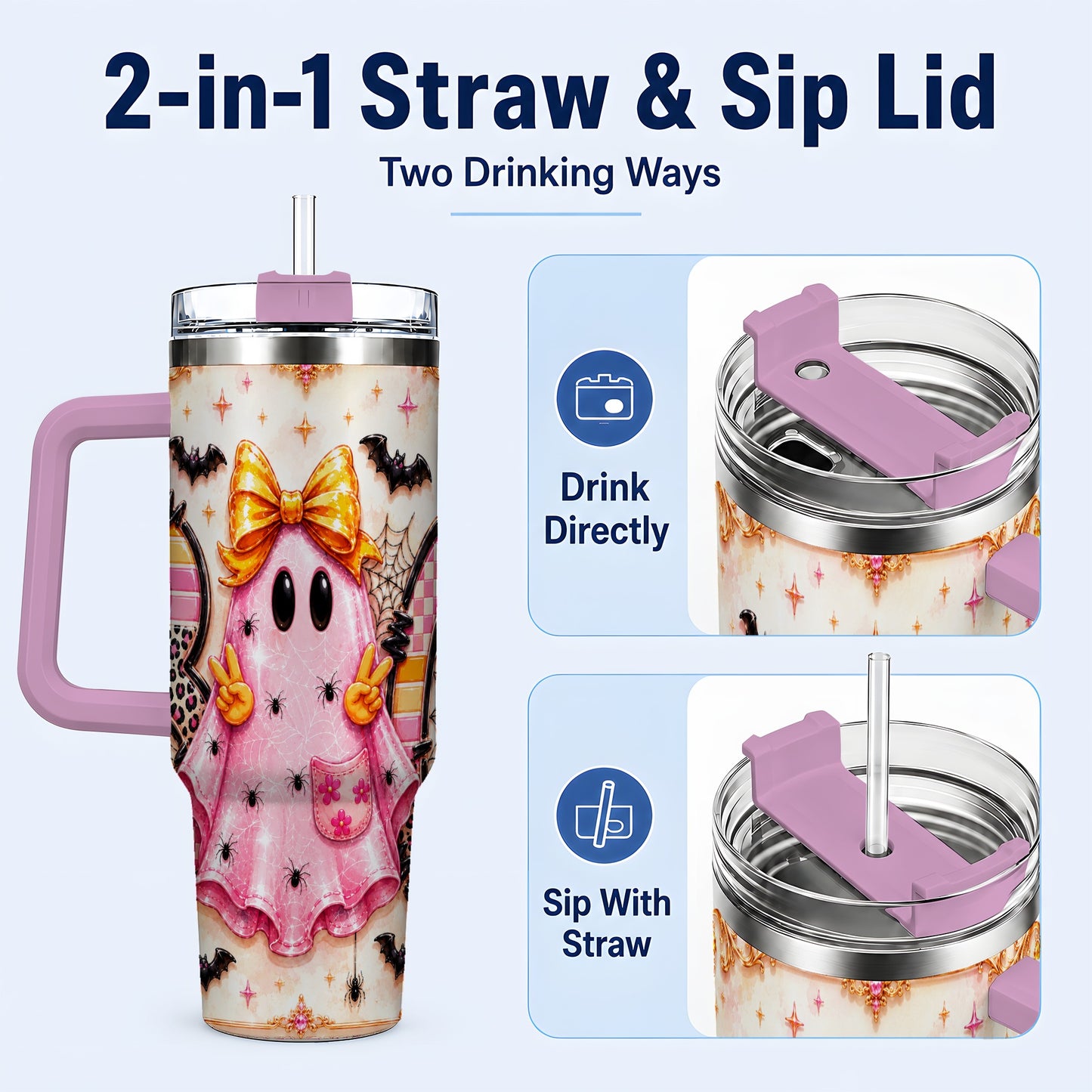 #pl[40oz|Pink] Pink Ghost 40oz Tumbler with Handle, Halloween Stainless Steel Travel Cup