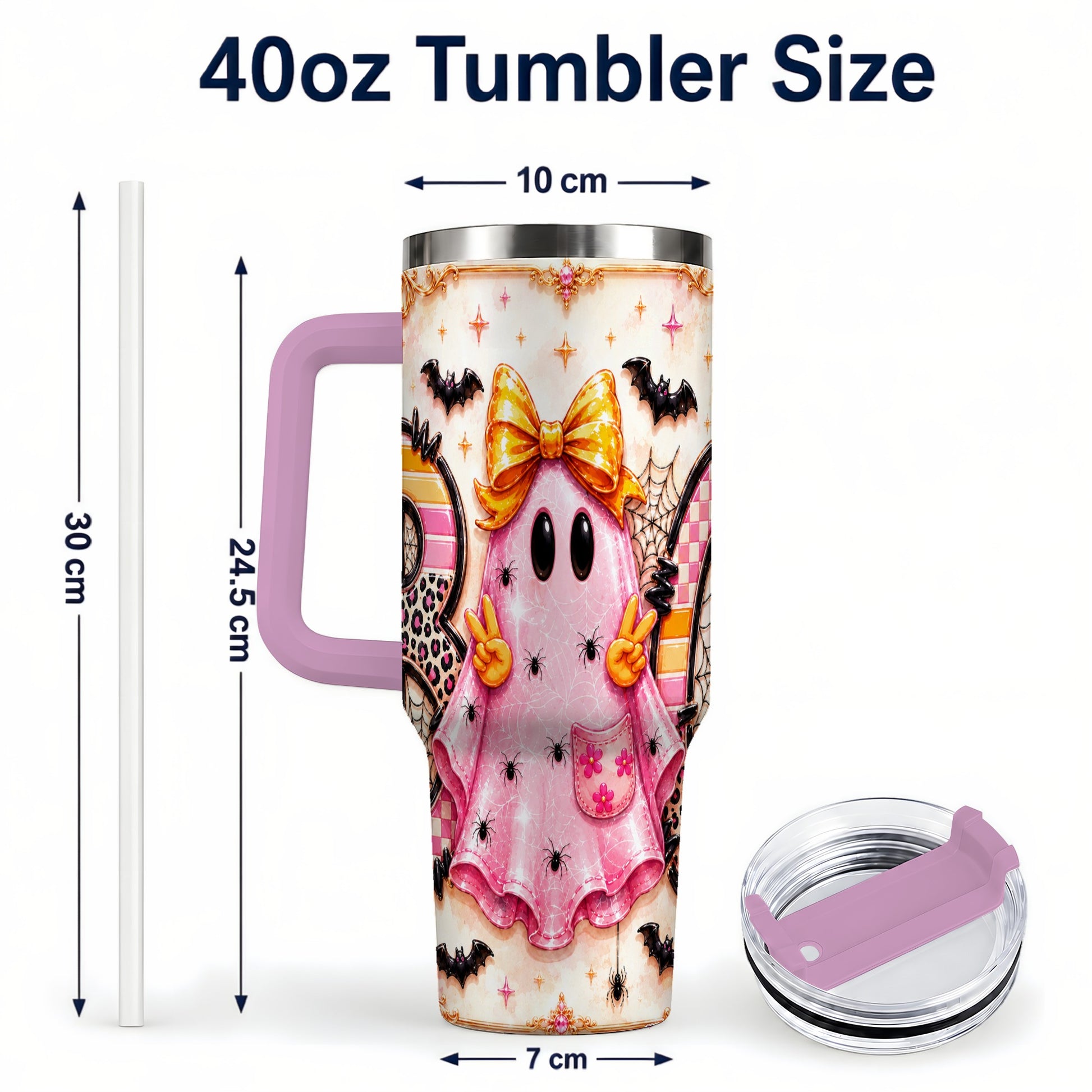#pl[40oz|Pink] Pink Ghost 40oz Tumbler with Handle, Halloween Stainless Steel Travel Cup
