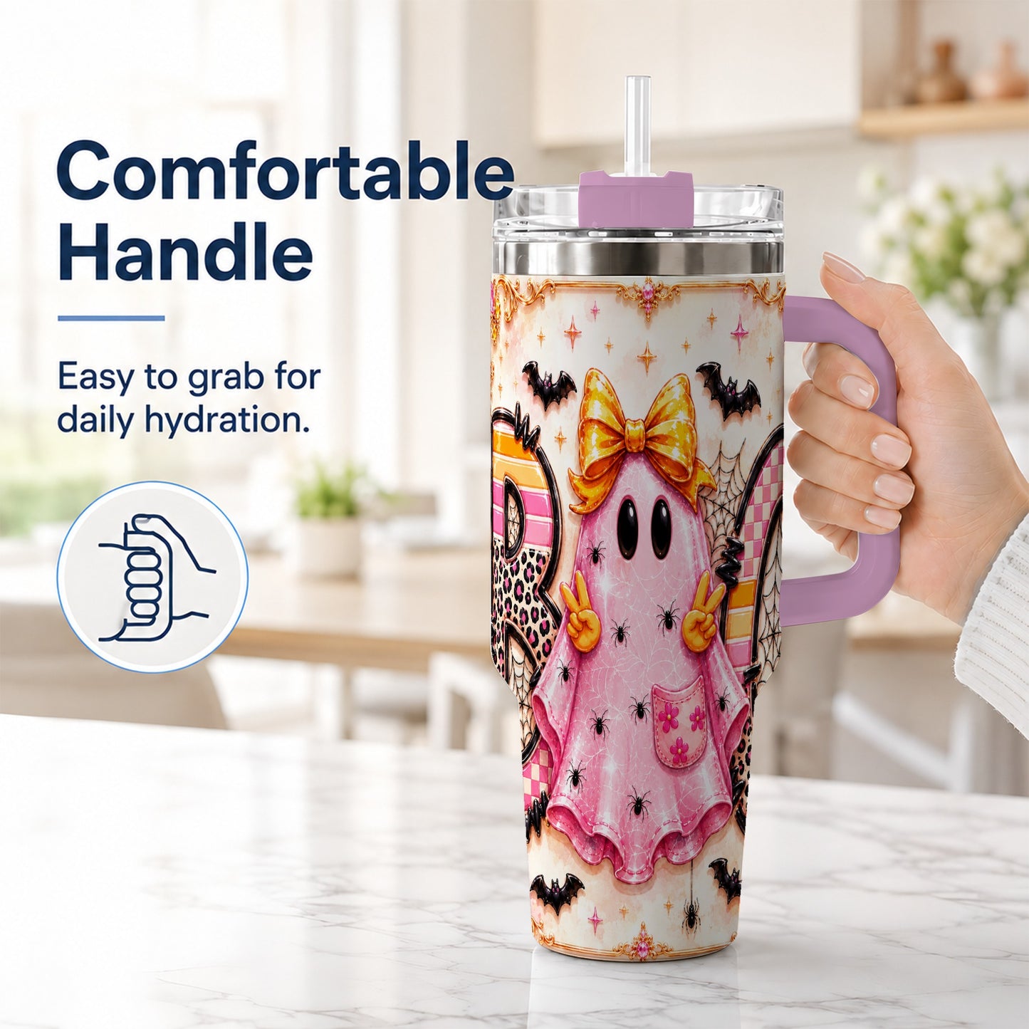 #pl[40oz|Pink] Pink Ghost 40oz Tumbler with Handle, Halloween Stainless Steel Travel Cup