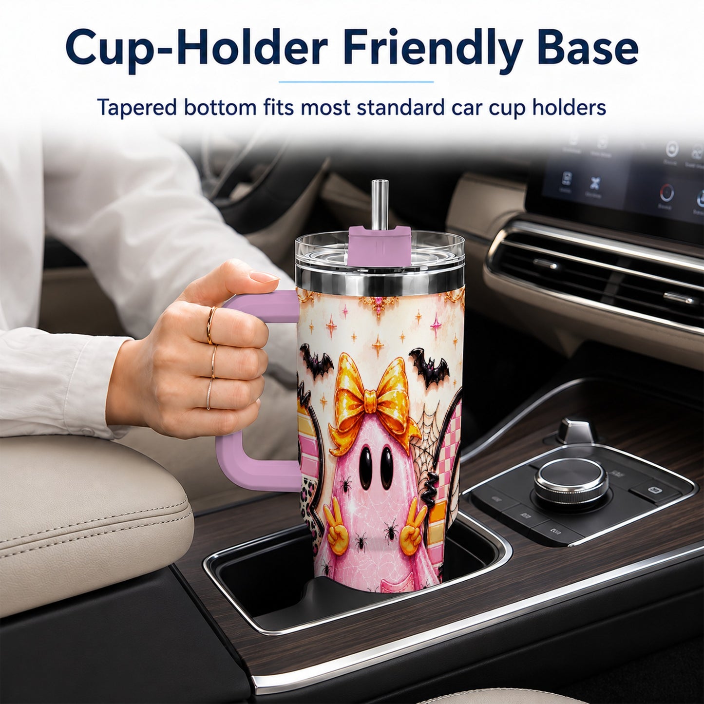 #pl[40oz|Pink] Pink Ghost 40oz Tumbler with Handle, Halloween Stainless Steel Travel Cup