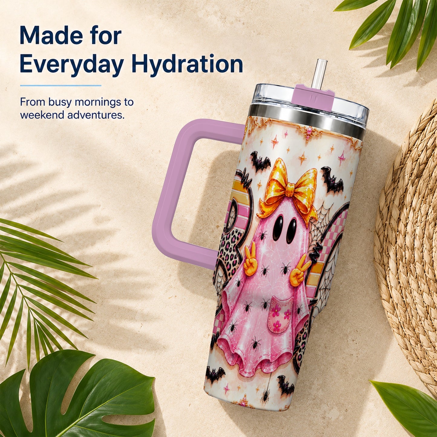 #pl[40oz|Pink] Pink Ghost 40oz Tumbler with Handle, Halloween Stainless Steel Travel Cup