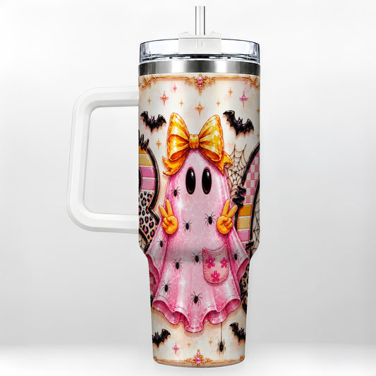 #pl[40oz|White] Pink Ghost 40oz Tumbler with Handle, Halloween Stainless Steel Travel Cup