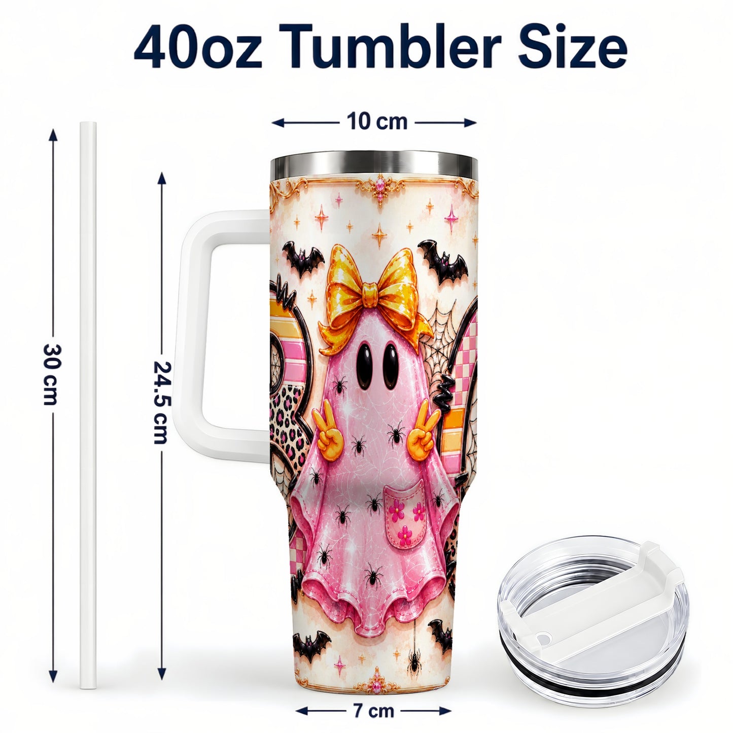 #pl[40oz|White] Pink Ghost 40oz Tumbler with Handle, Halloween Stainless Steel Travel Cup