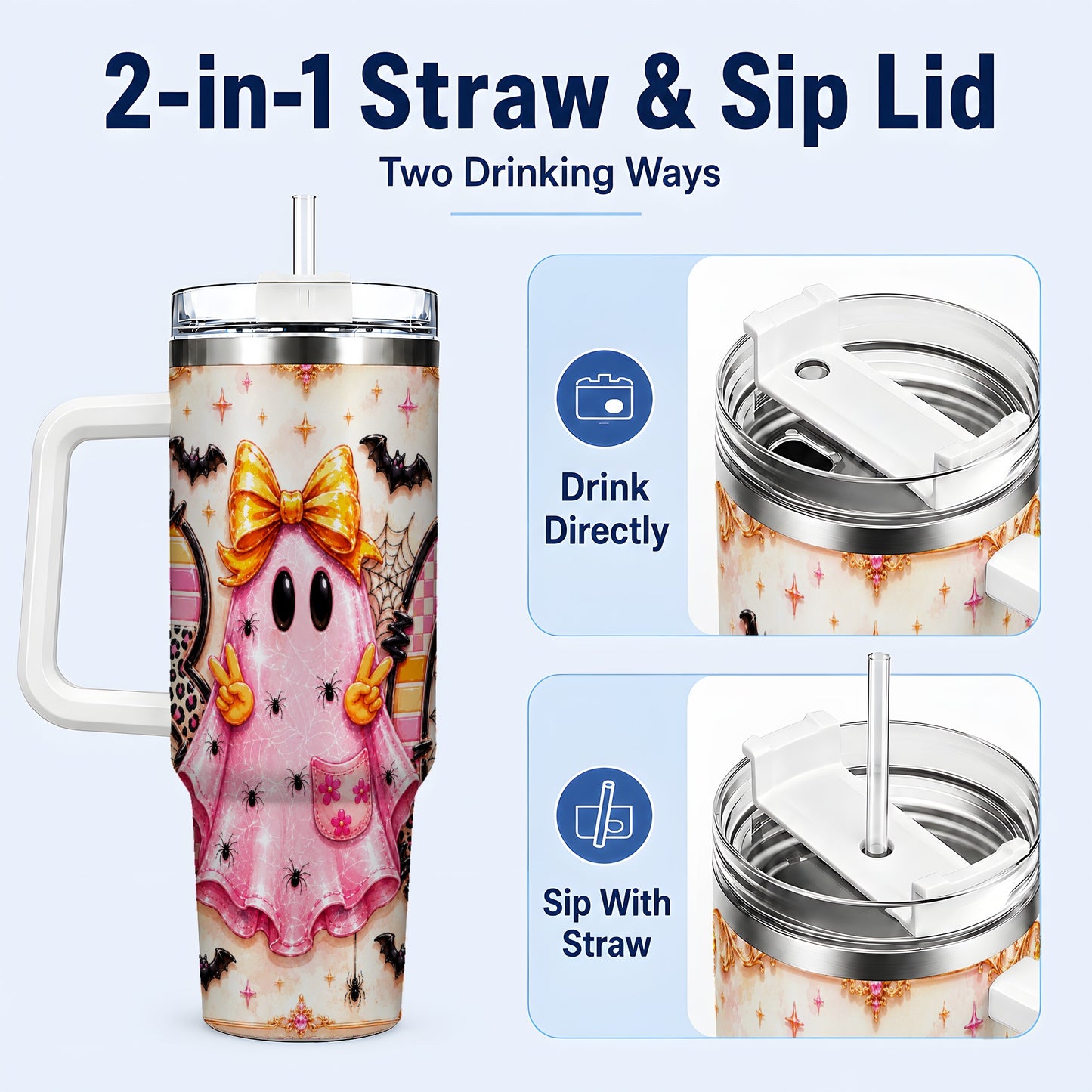 #pl[40oz|White] Pink Ghost 40oz Tumbler with Handle, Halloween Stainless Steel Travel Cup
