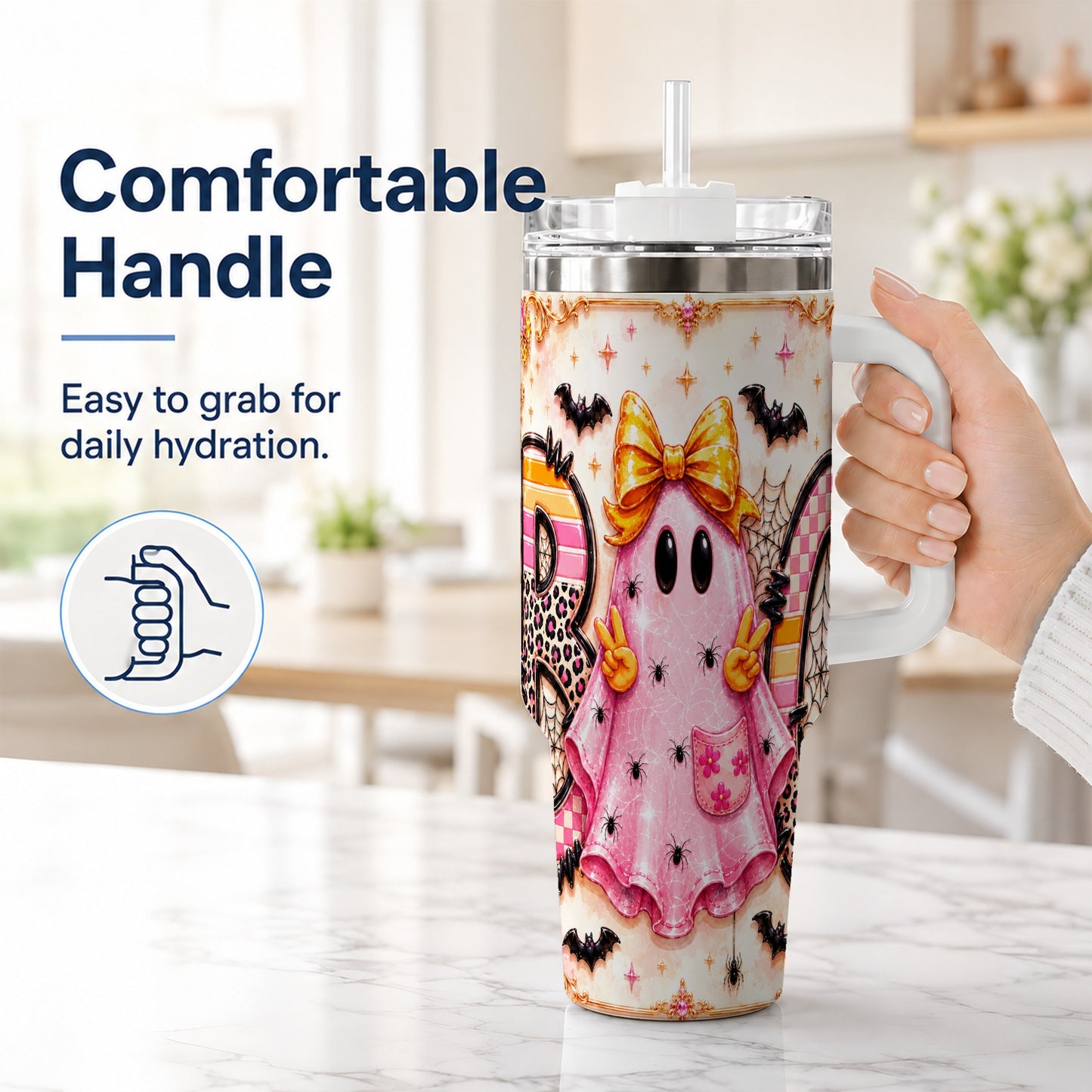 #pl[40oz|White] Pink Ghost 40oz Tumbler with Handle, Halloween Stainless Steel Travel Cup