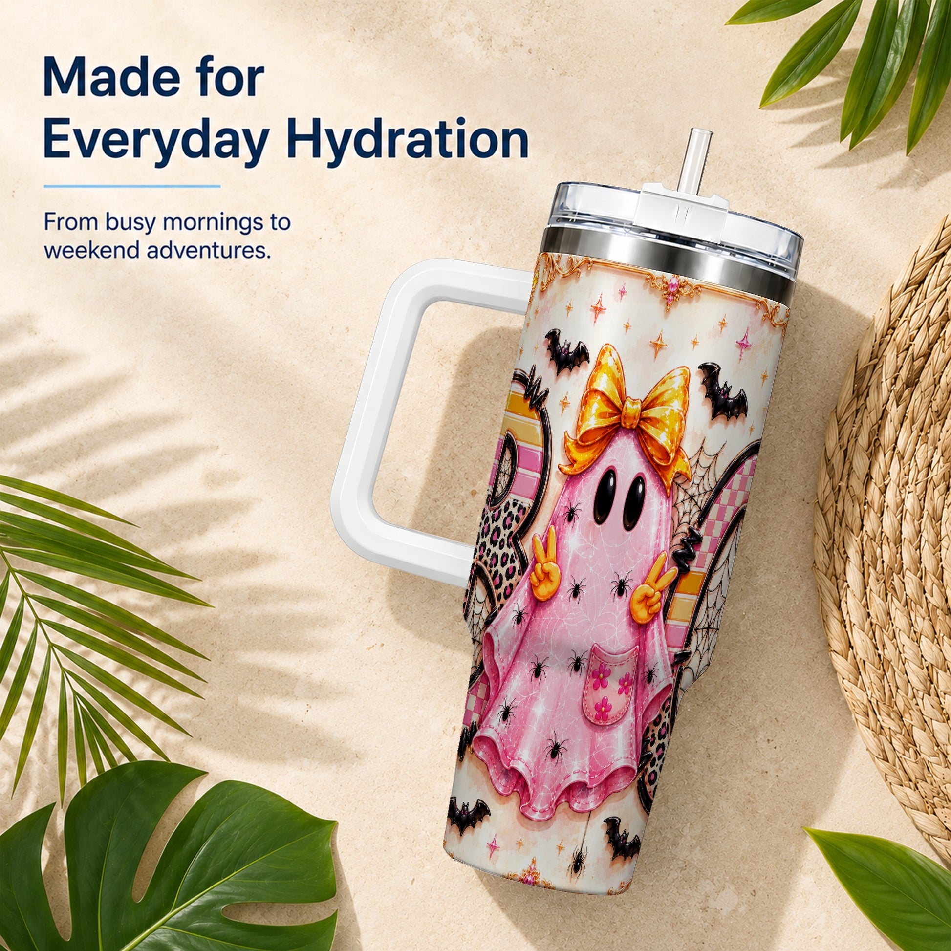 #pl[40oz|White] Pink Ghost 40oz Tumbler with Handle, Halloween Stainless Steel Travel Cup