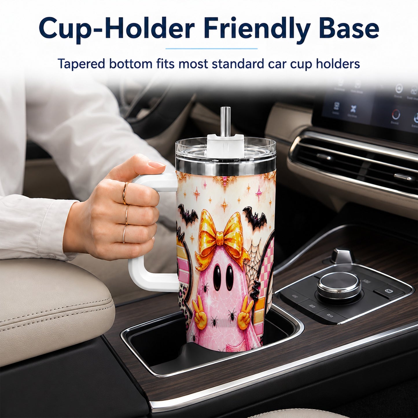 #pl[40oz|White] Pink Ghost 40oz Tumbler with Handle, Halloween Stainless Steel Travel Cup