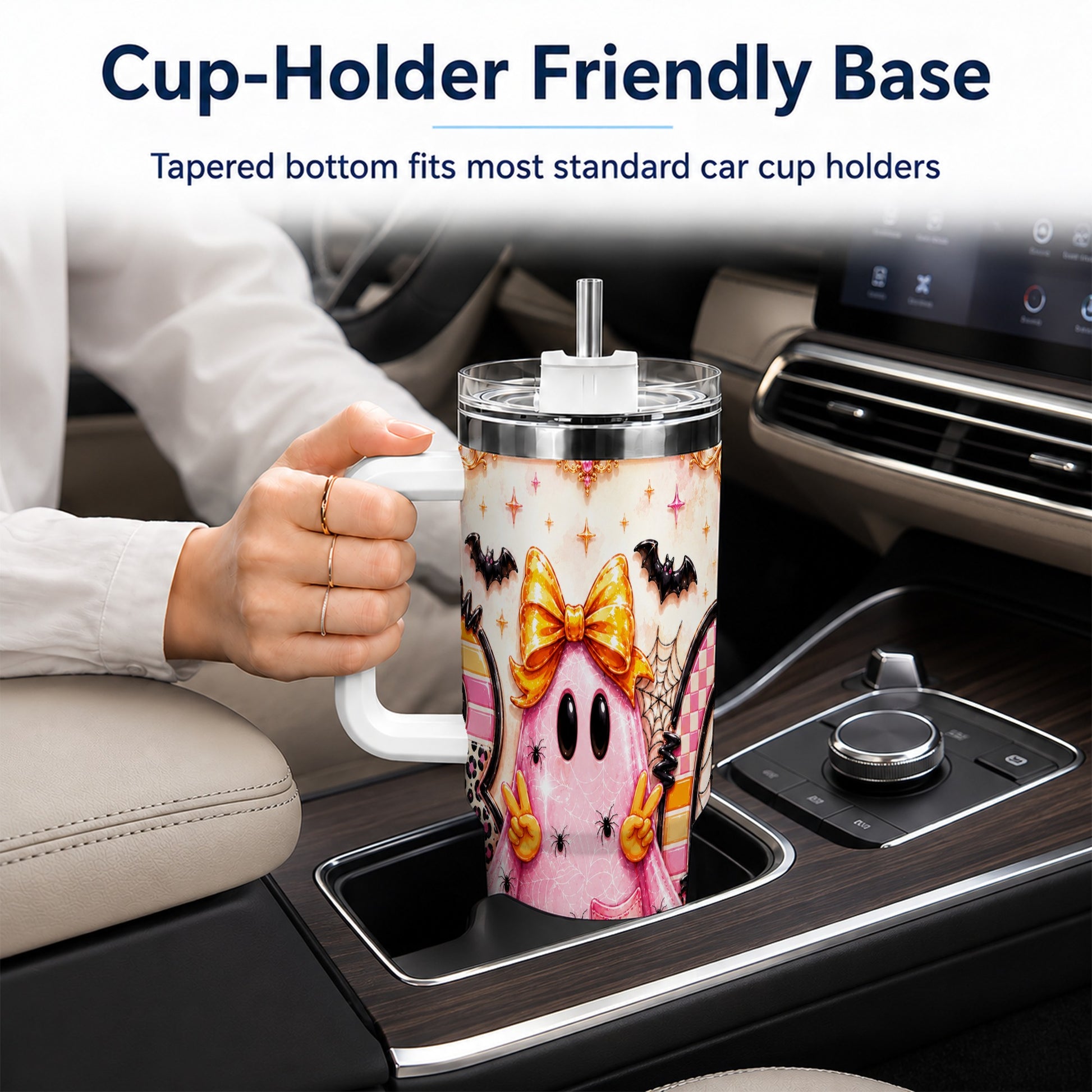 #pl[40oz|White] Pink Ghost 40oz Tumbler with Handle, Halloween Stainless Steel Travel Cup
