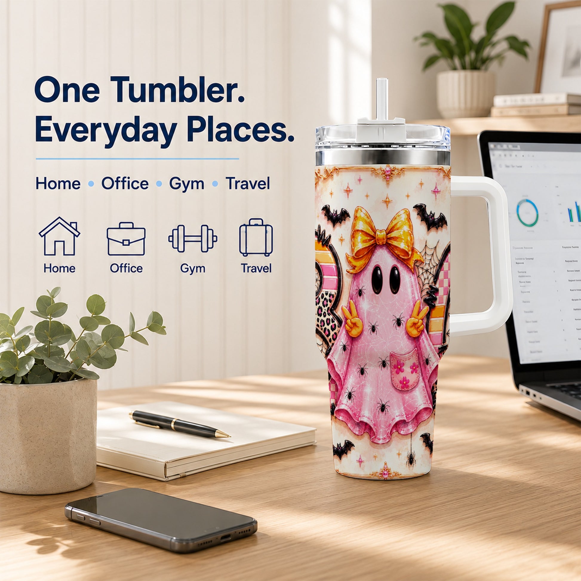 #pl[40oz|White] Pink Ghost 40oz Tumbler with Handle, Halloween Stainless Steel Travel Cup