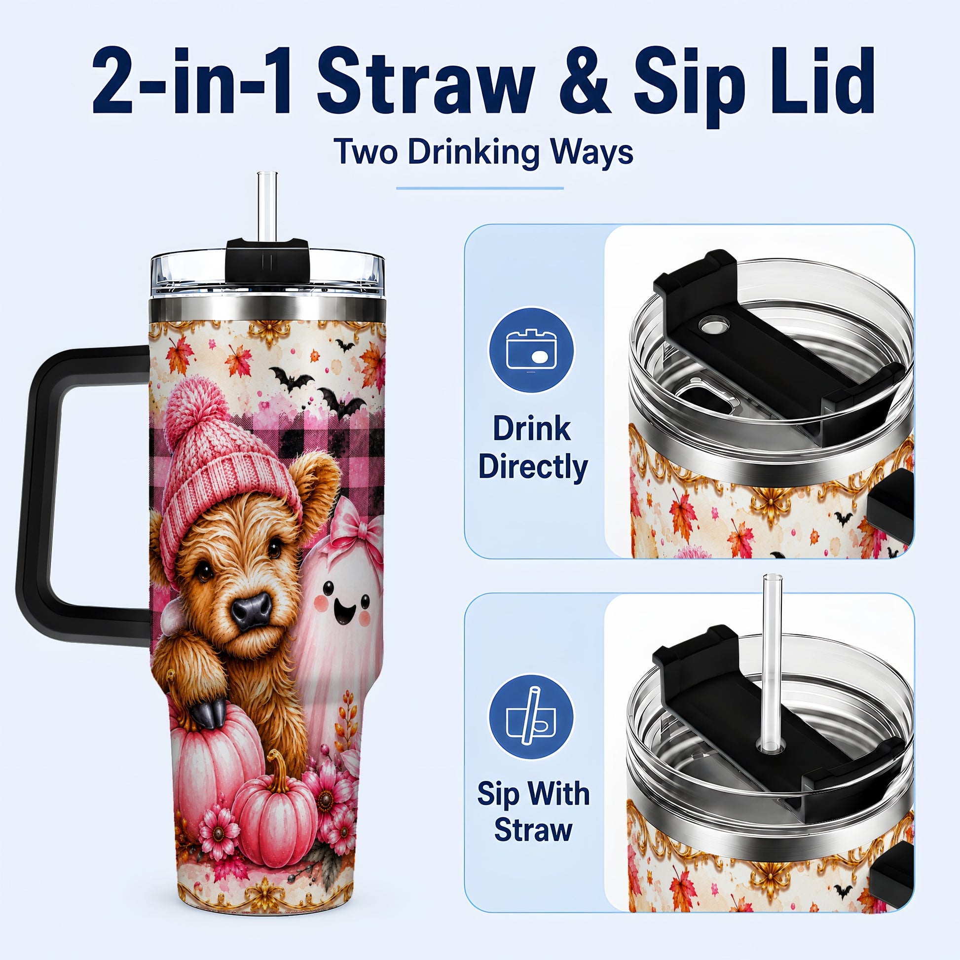 #pl[40oz|Black] Highland Cow 40oz Tumbler with Handle, Fall Stainless Steel Travel Cup