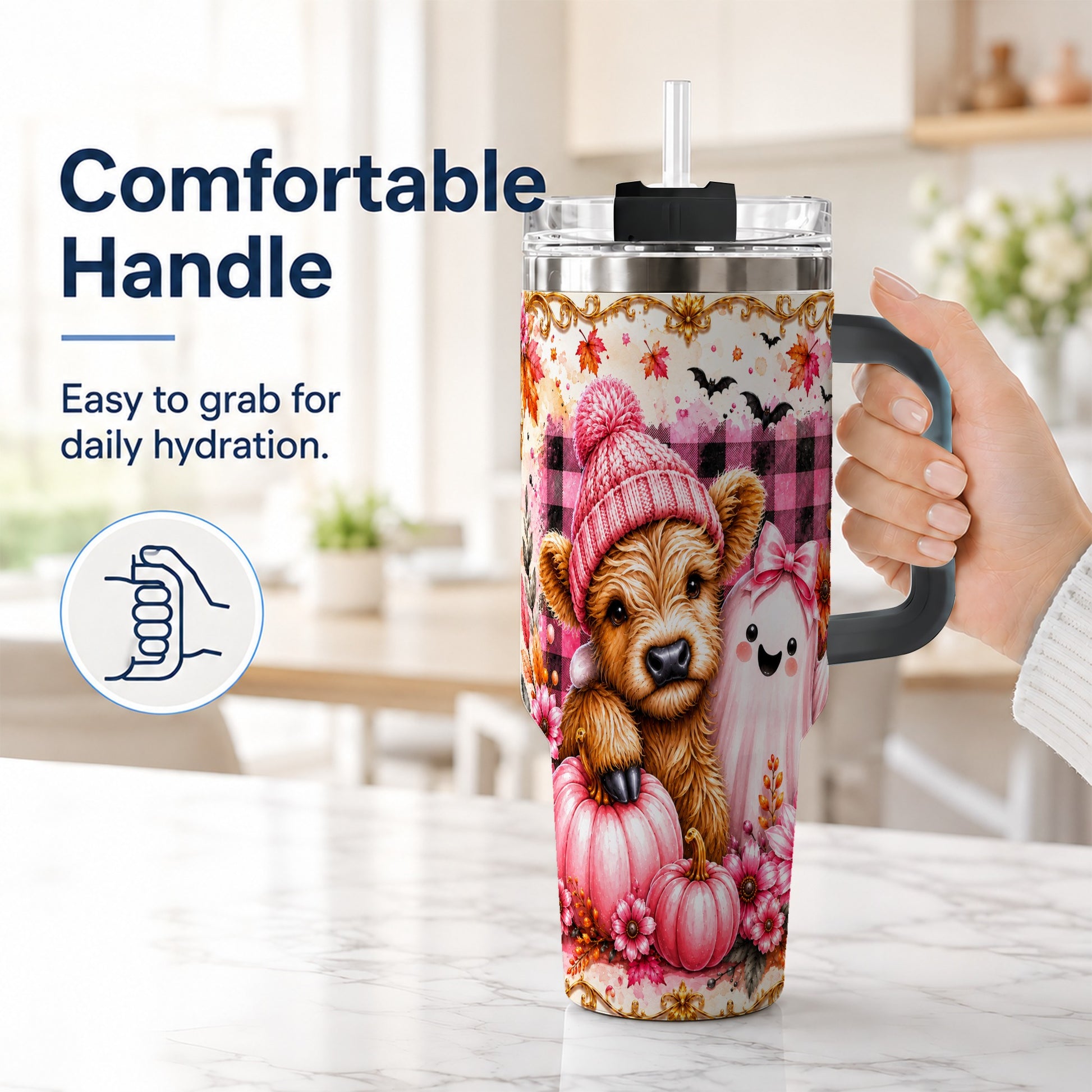 #pl[40oz|Black] Highland Cow 40oz Tumbler with Handle, Fall Stainless Steel Travel Cup