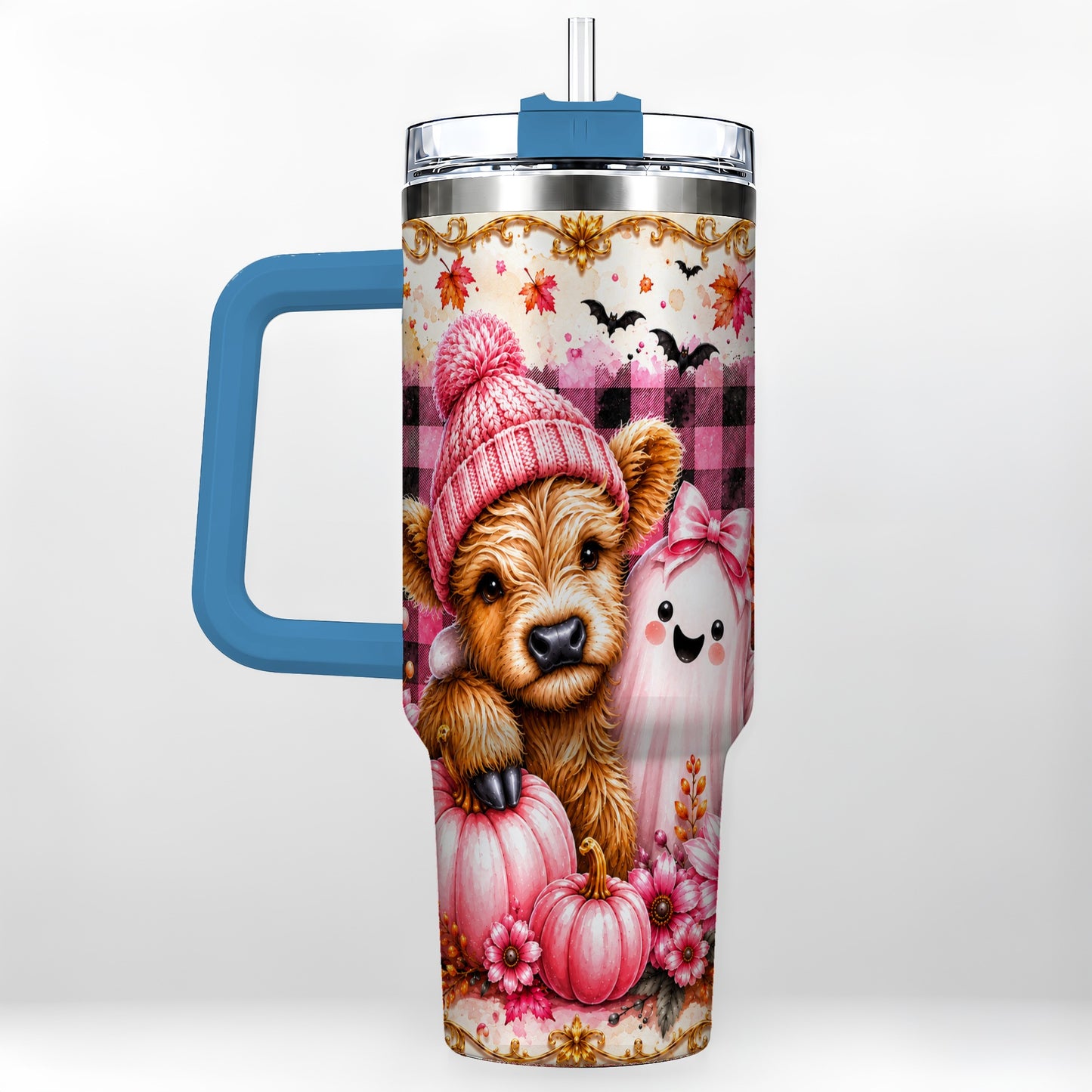 #pl[40oz|Blue] Highland Cow 40oz Tumbler with Handle, Fall Stainless Steel Travel Cup