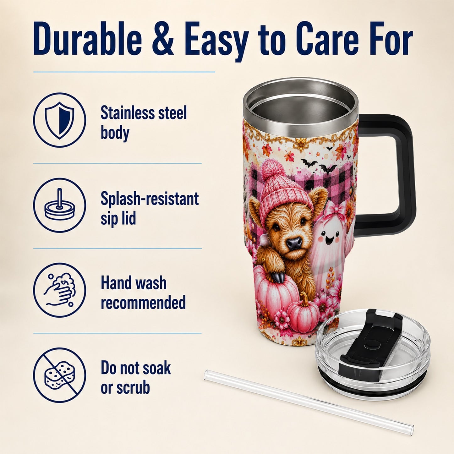 #pl[40oz|Black] Highland Cow 40oz Tumbler with Handle, Fall Stainless Steel Travel Cup