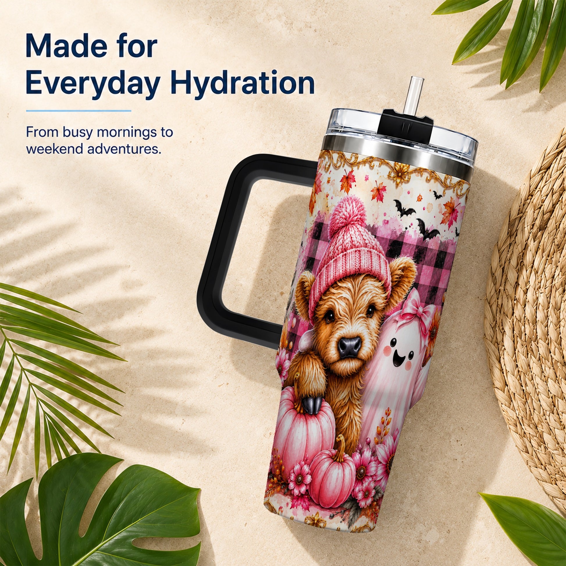 #pl[40oz|Black] Highland Cow 40oz Tumbler with Handle, Fall Stainless Steel Travel Cup
