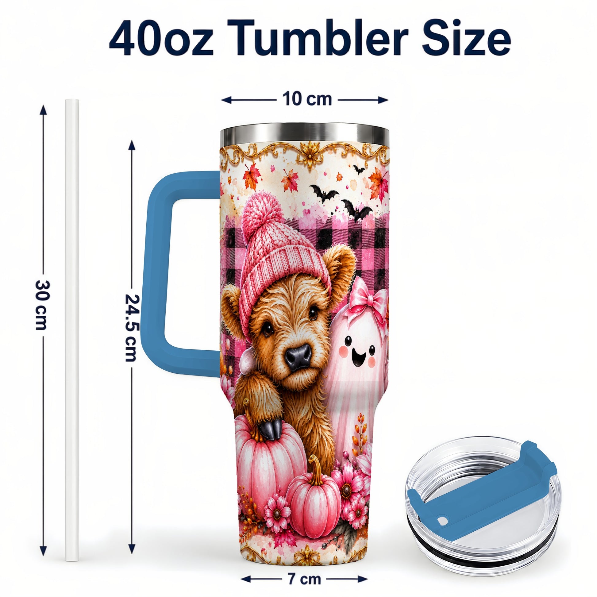 #pl[40oz|Blue] Highland Cow 40oz Tumbler with Handle, Fall Stainless Steel Travel Cup